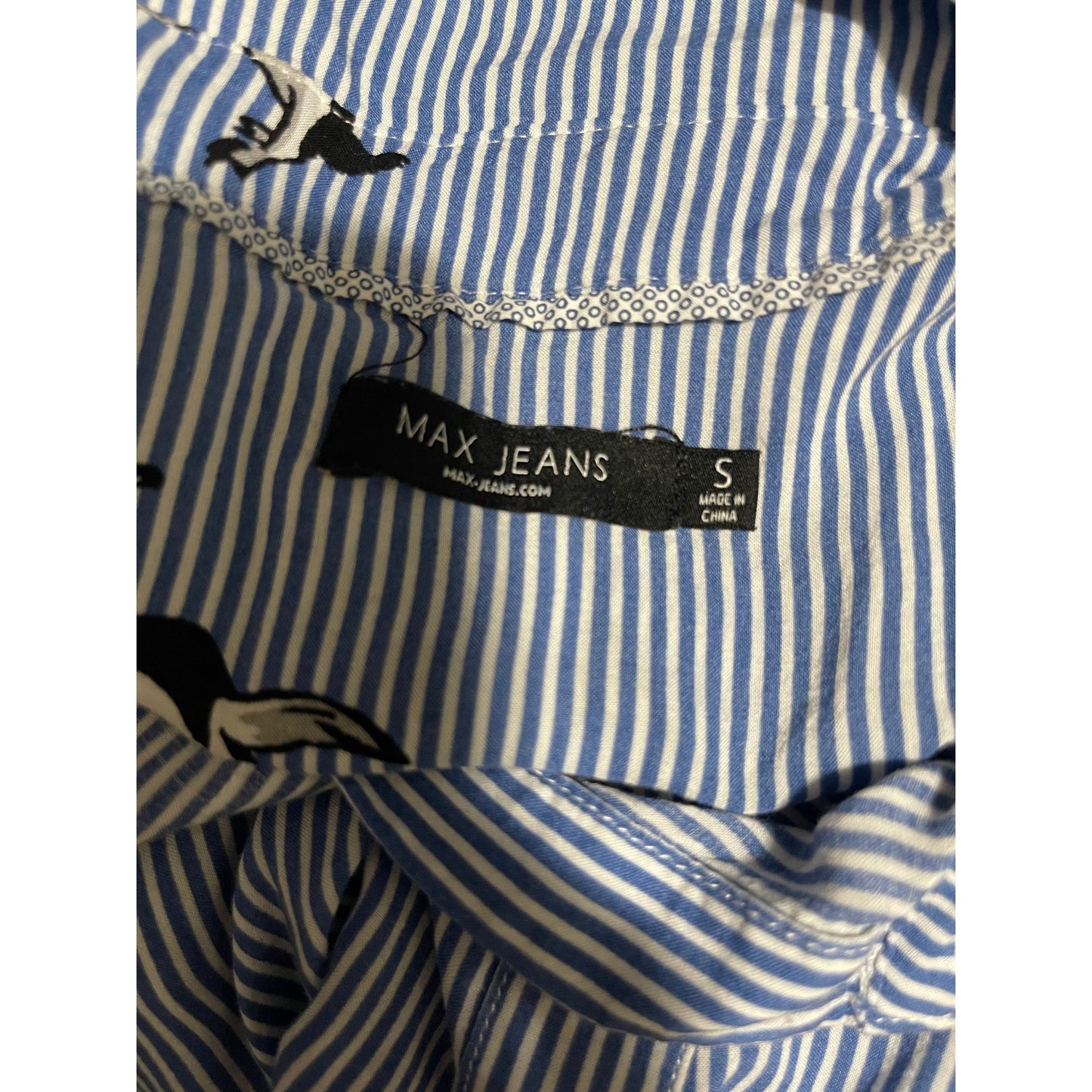 Max Jeans Size Small Blue Pinstripe Penguin Print Long Sleeve Blouse