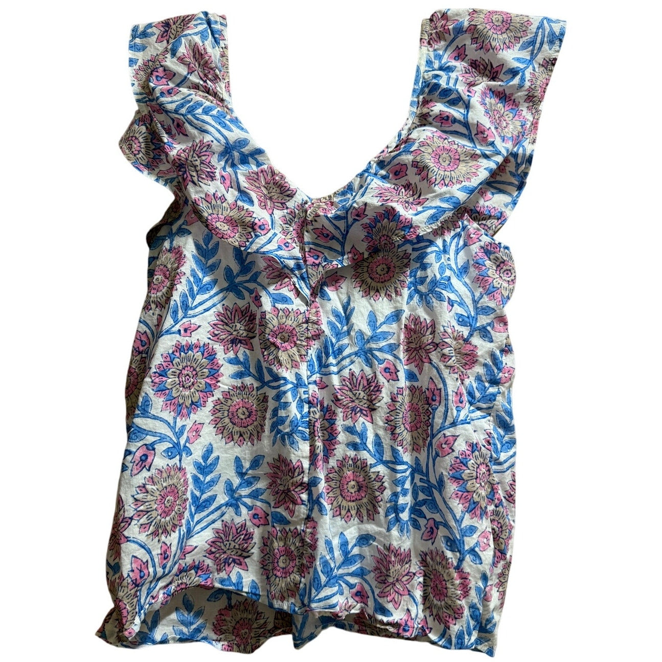 J.Crew Size Medium Pink & Blue Floral Ruffle Neck Blouse