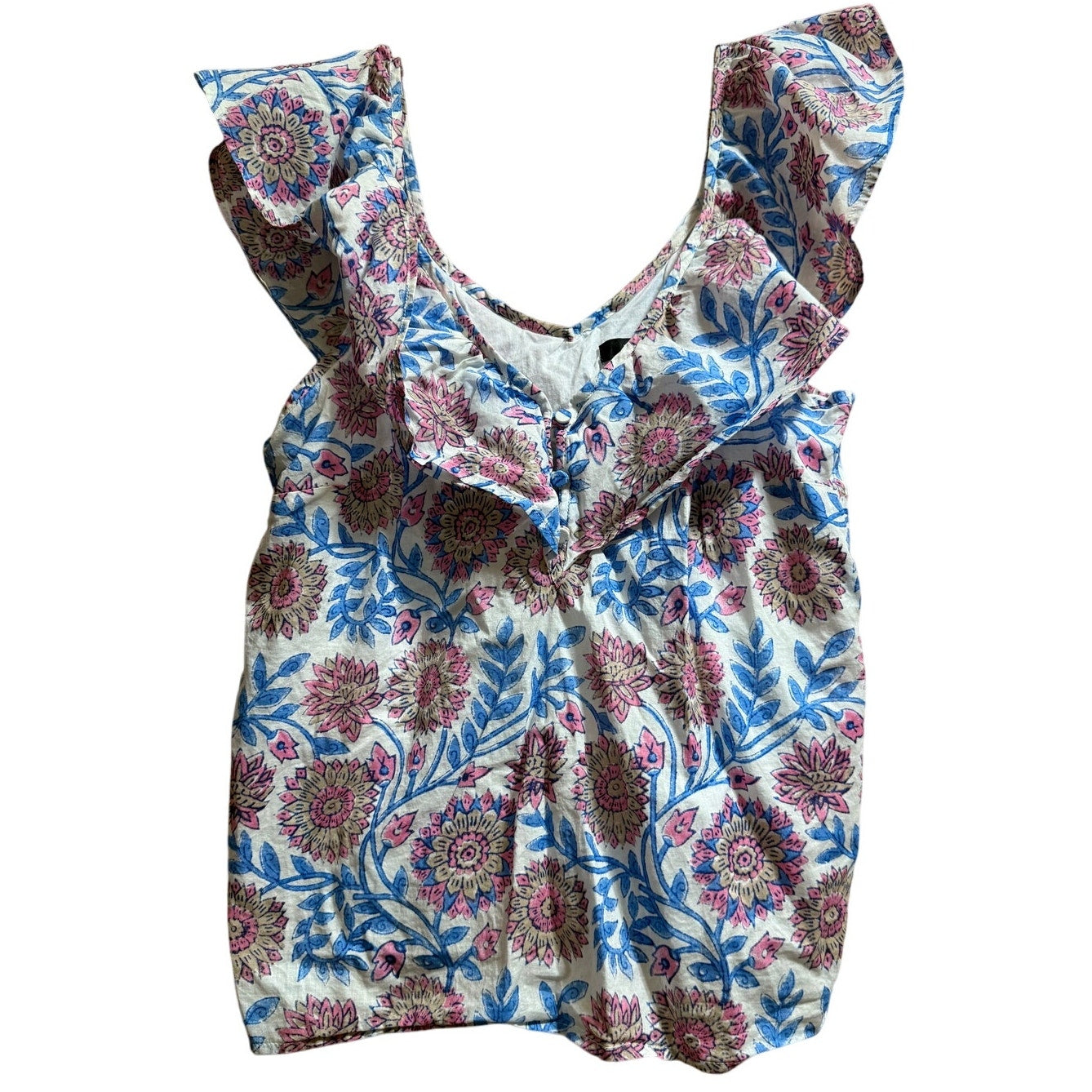 J.Crew Size Medium Pink & Blue Floral Ruffle Neck Blouse