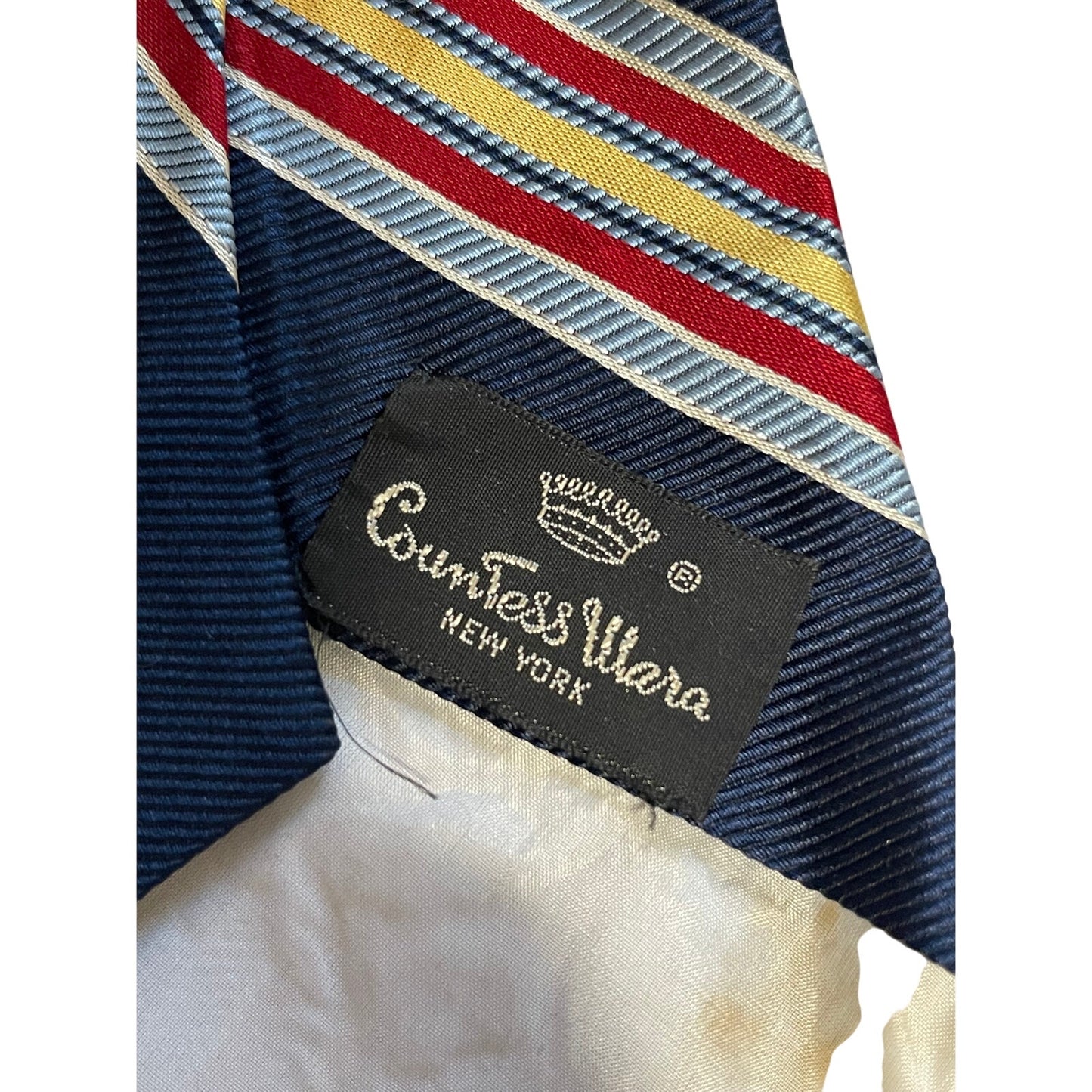 Vintage Countess Wara Blue Red Yellow Striped Embroidered Men's Necktie