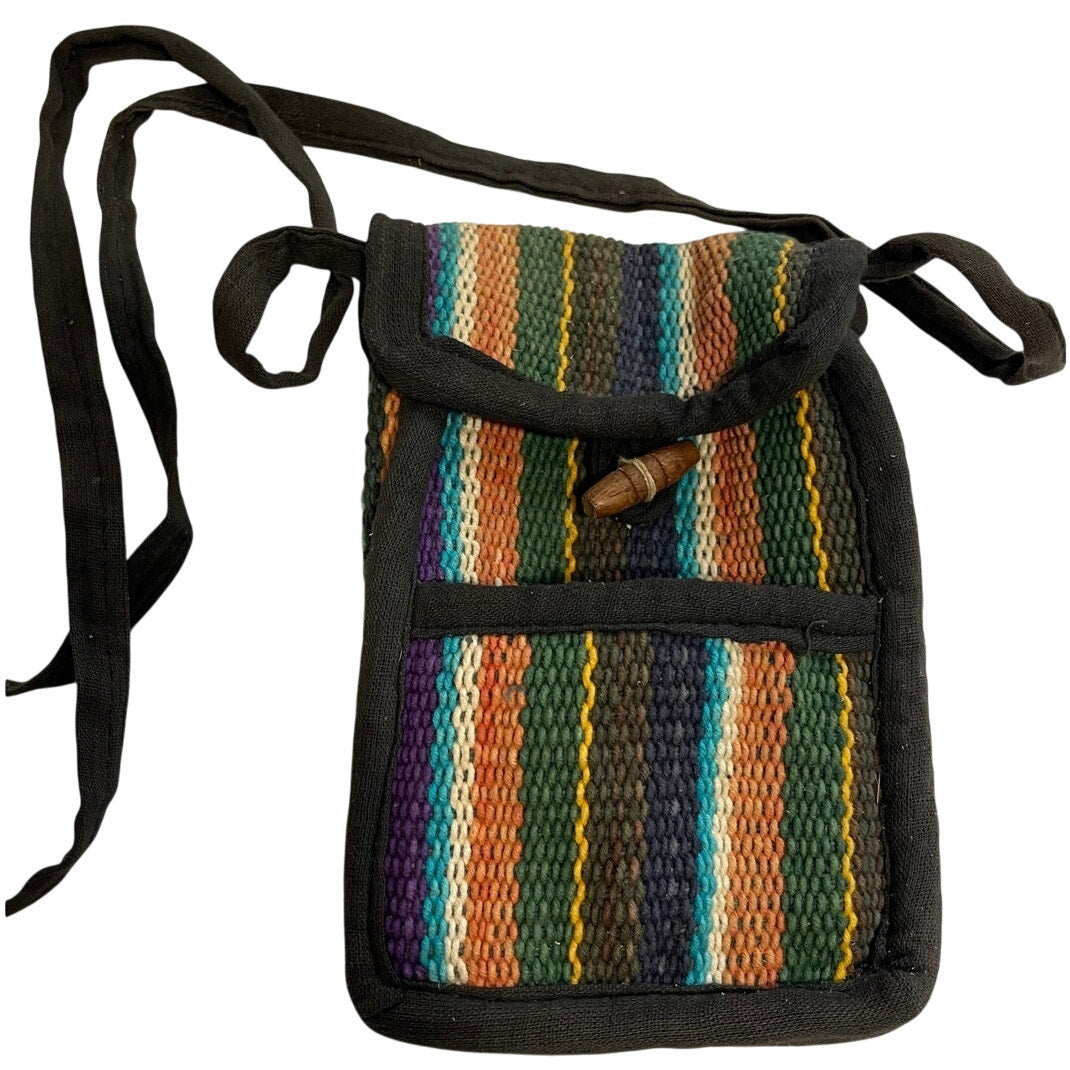 Vintage Woven Striped Crossbody Bag with Wood Closure