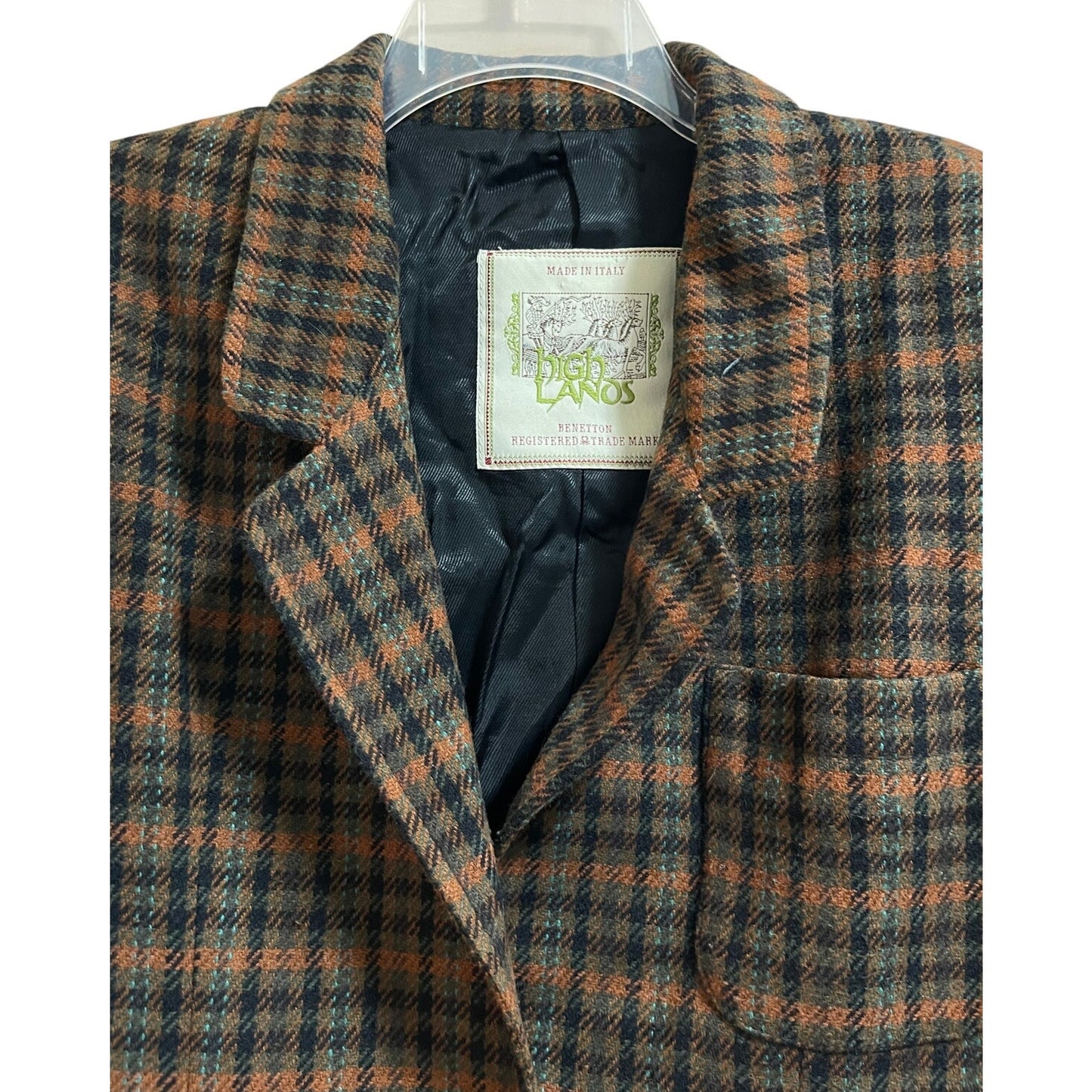 Vintage Italian Made Highlands Benetton Wool Blend Plaid Jacket Size 40
