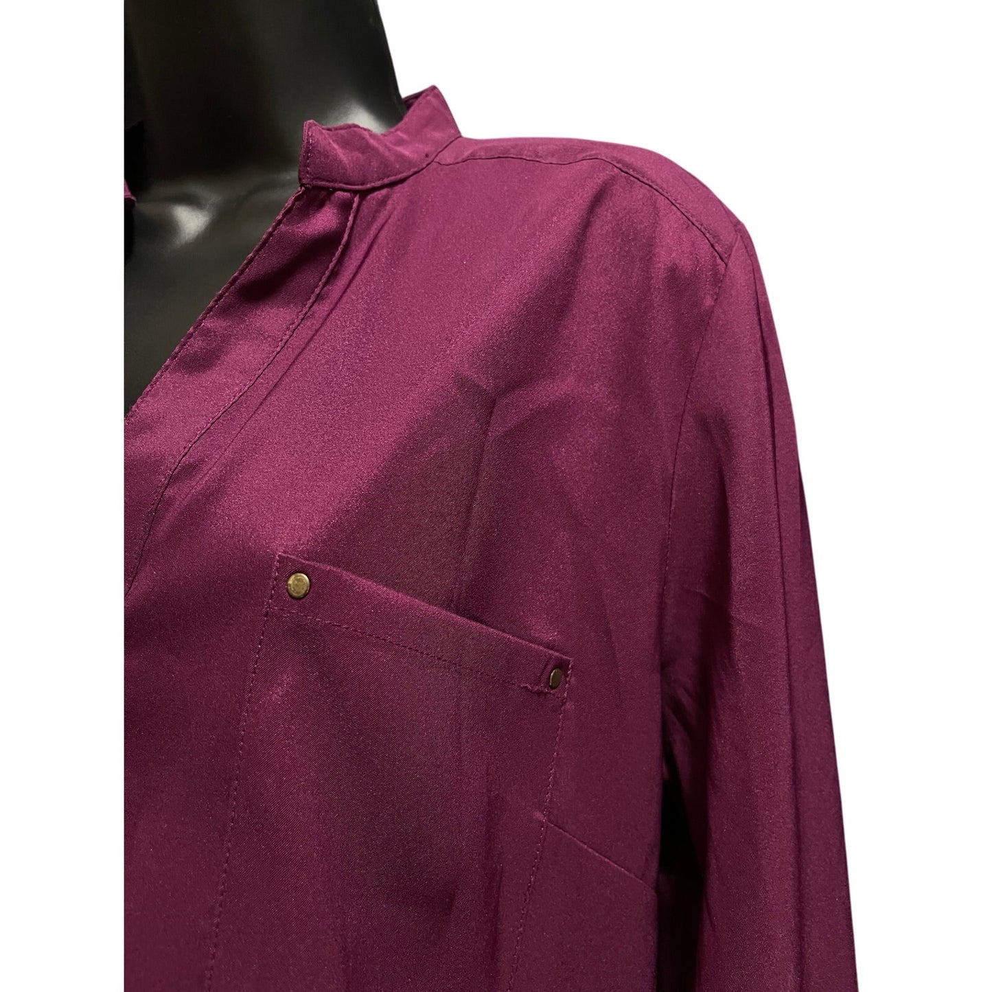 Style & Co. Stretch Fushia Satin Button Up Blouse Gold Buttons - Medium