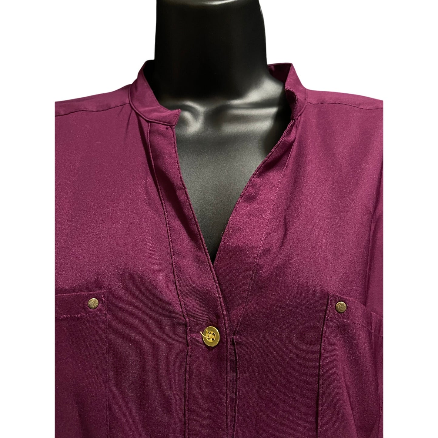 Style & Co. Stretch Fushia Satin Button Up Blouse Gold Buttons - Medium