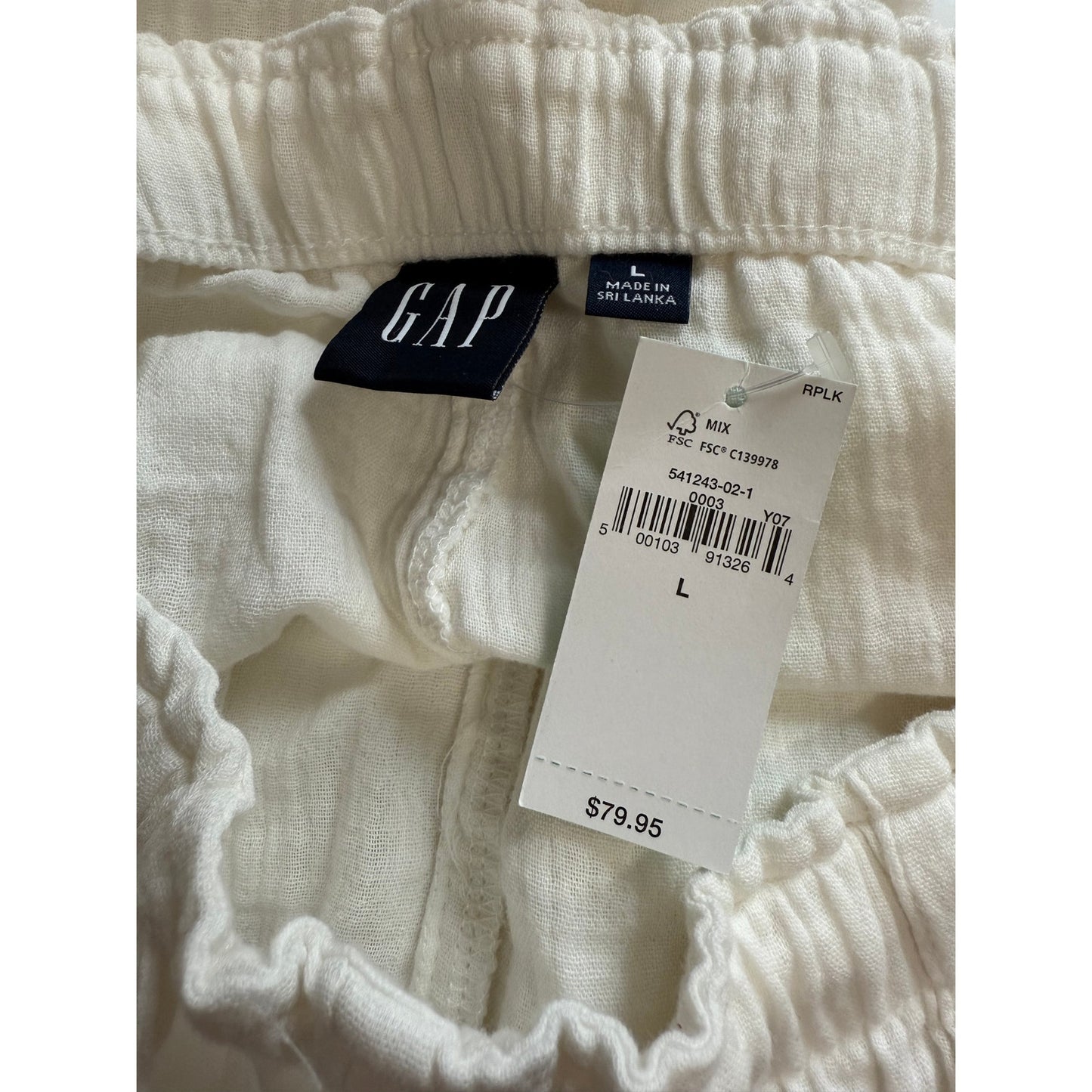 GAP Size Large White Cotton Elastic Waist Lounge Pant w/Pockets - NWT - $80 MSRP