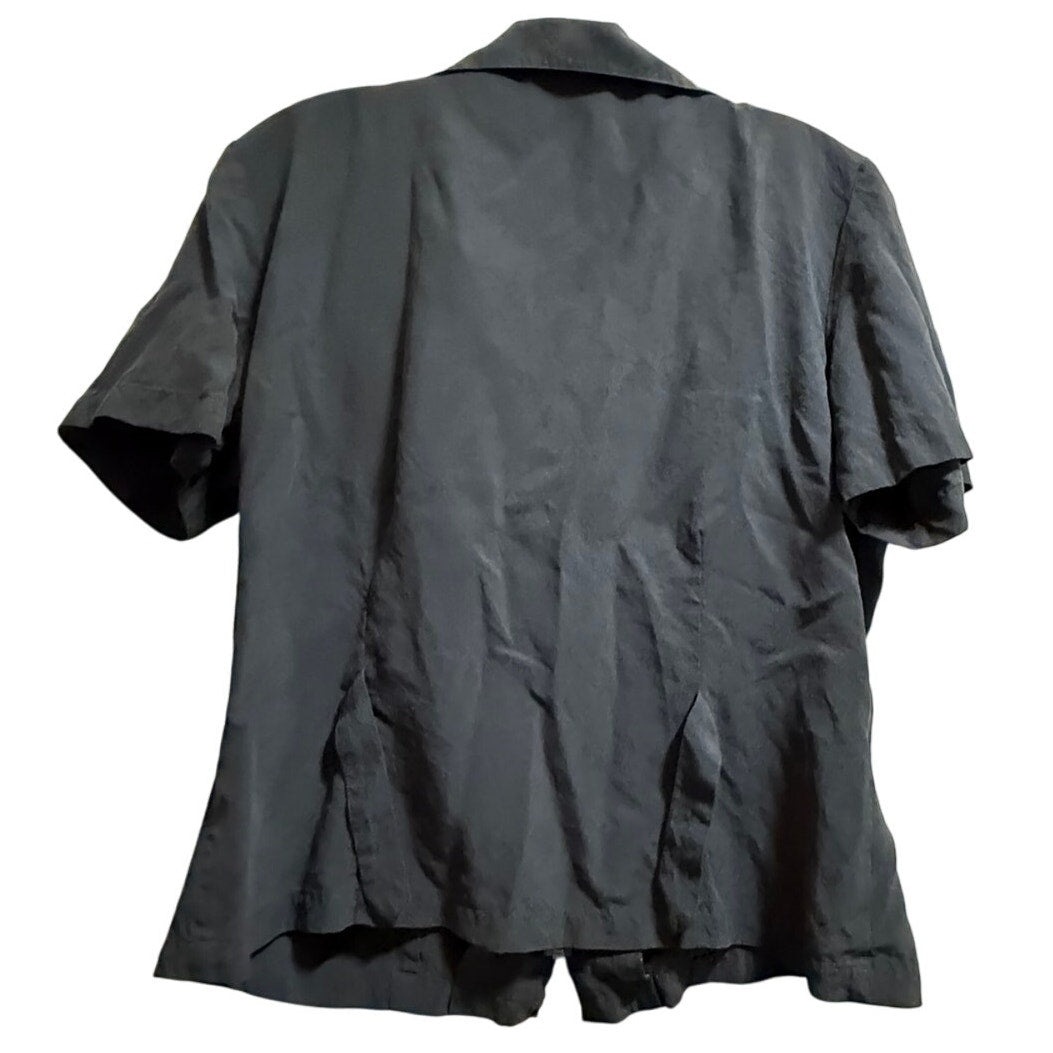 Vintage Nancy Crystal Black 100% Silk Zip Up Shirt - Short Sleeve - Size 10