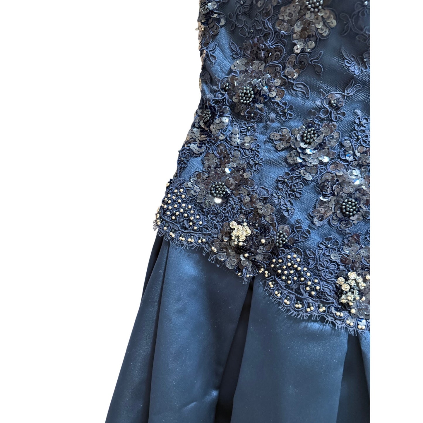 Midnight Blue Strapless Gown - Beaded, Lace Sequined Bodice - Prom - Party Gown