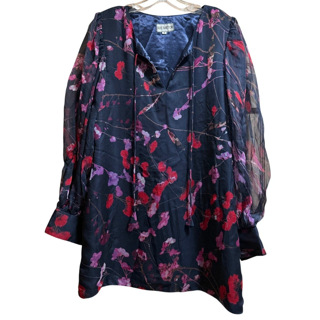 Vintage Sue Sartor Black & Red Floral Sheer Long Sleeve Mini Dress - M