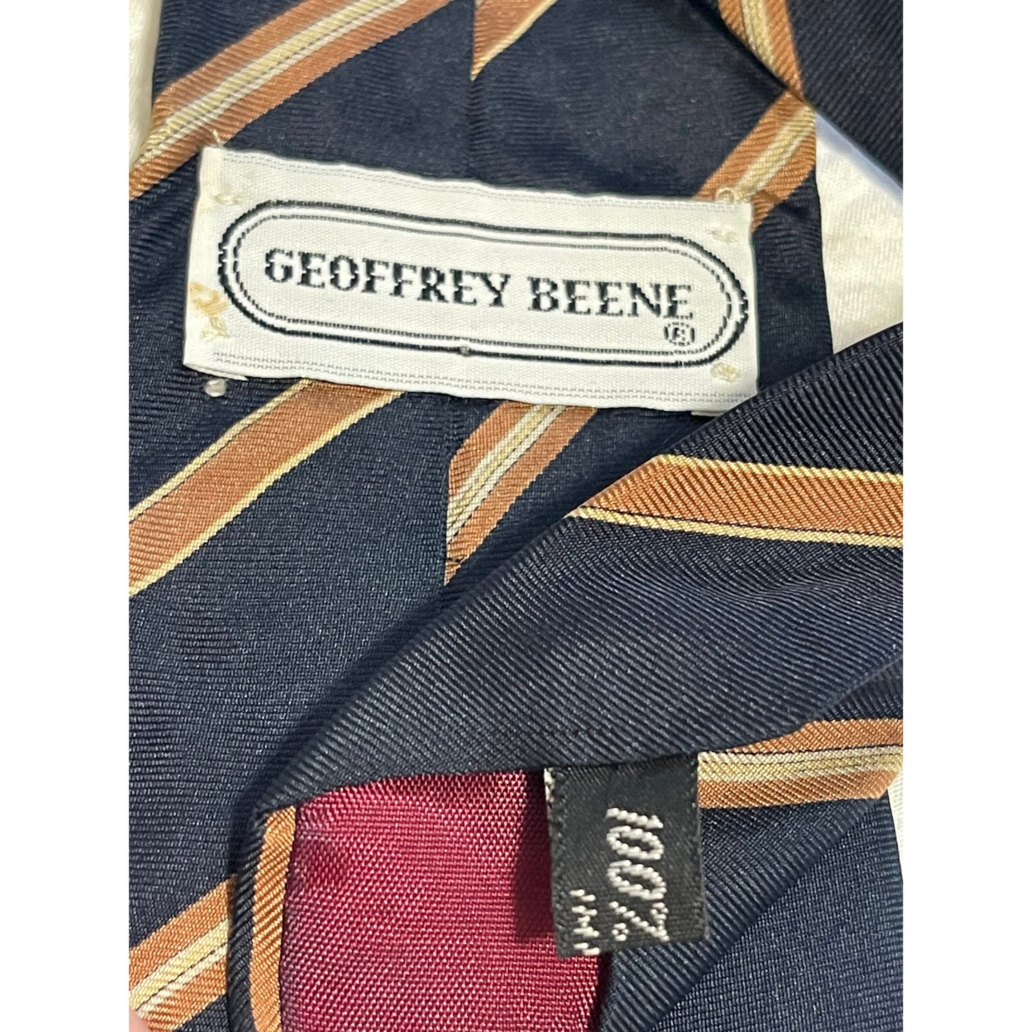 Vintage Geoffrey Beene 100% Silk Blue & Gold Striped Print Necktie Retro Tie