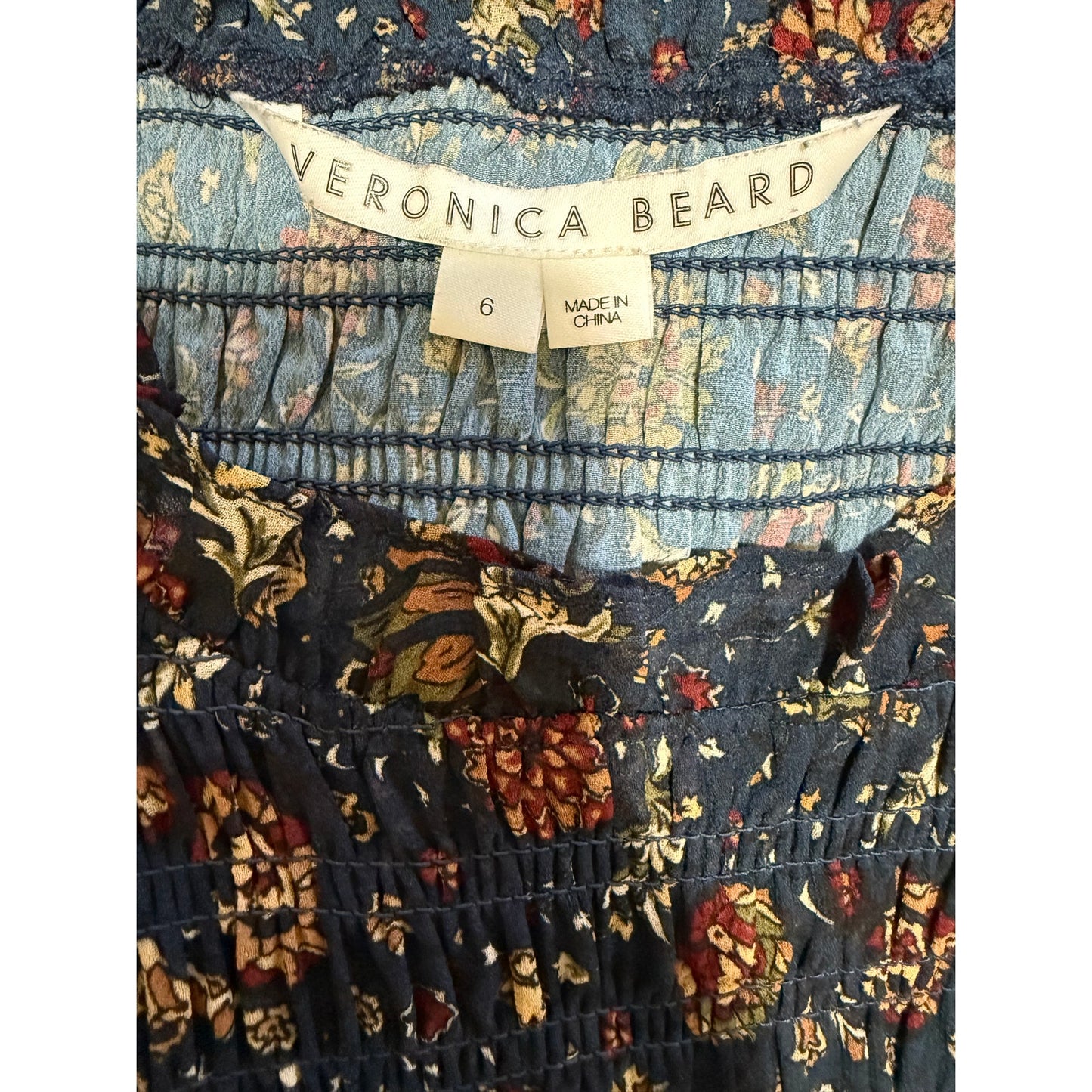 Veronica Beard Blue Red Floral Size 6 Long Sleeve Peasant Style Midi Dress