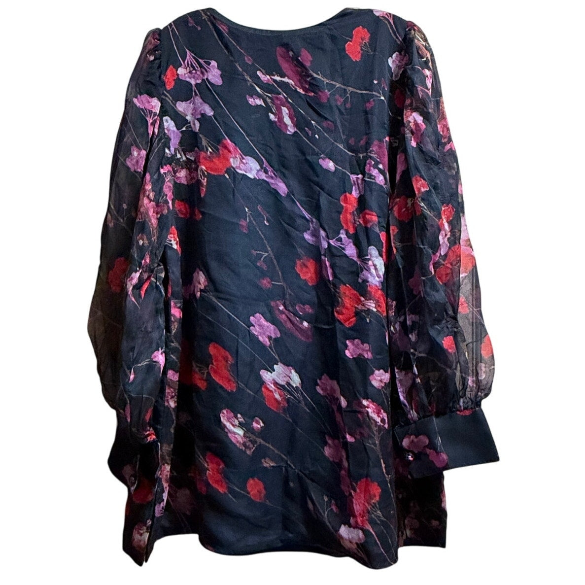 Vintage Sue Sartor Black & Red Floral Sheer Long Sleeve Mini Dress - M