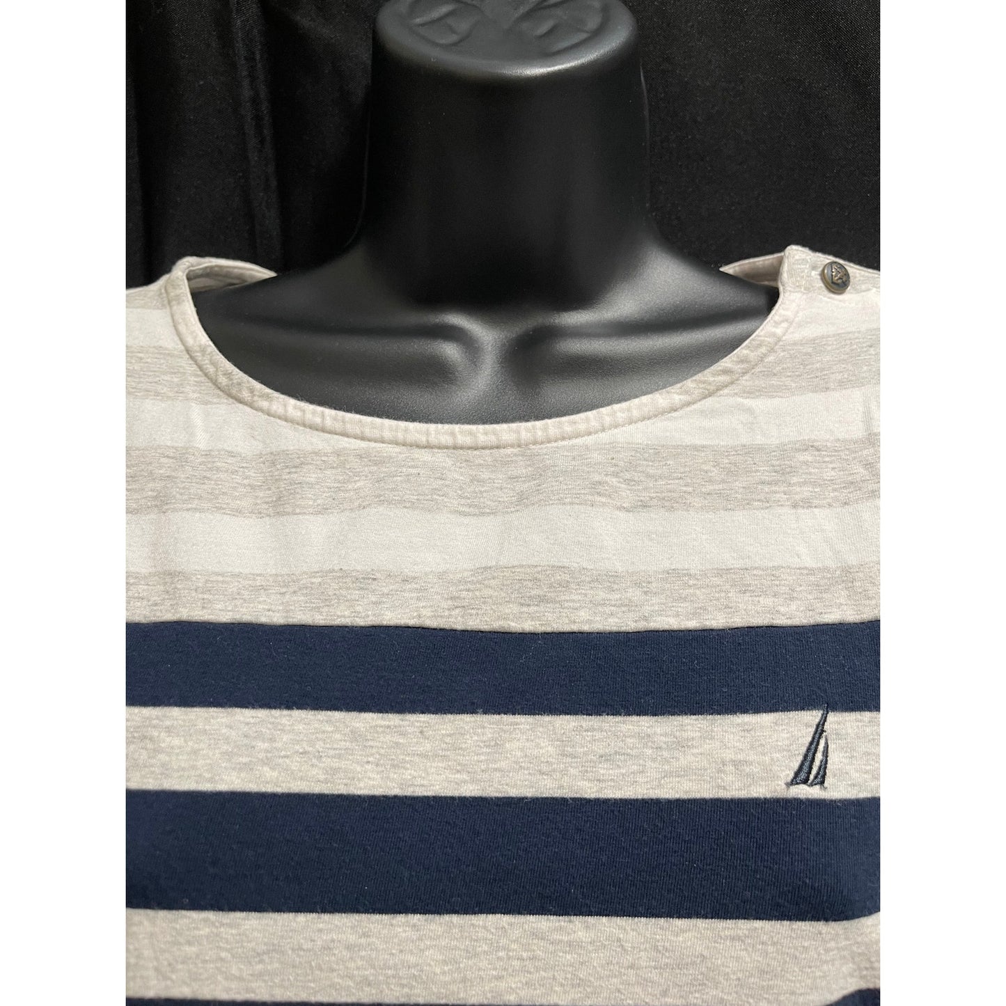Nautica Large Gray White Navy Striped Long Sleeve w/ Button Accents on Shoulder
