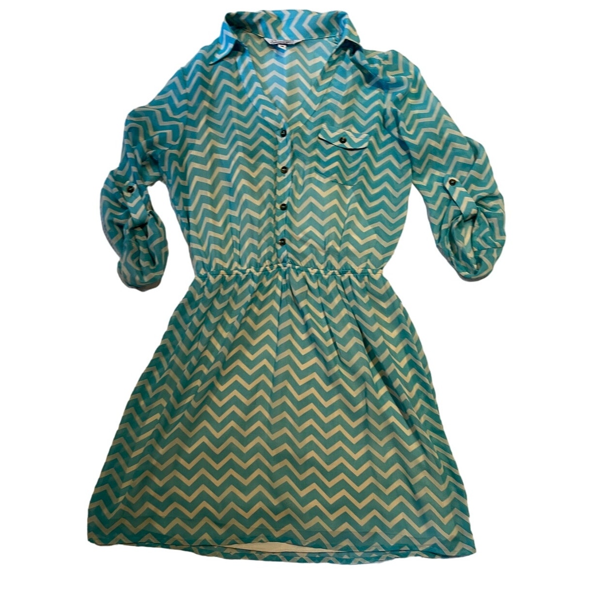 Speechless Teal & White Lined Chevron Dress - Size Medium