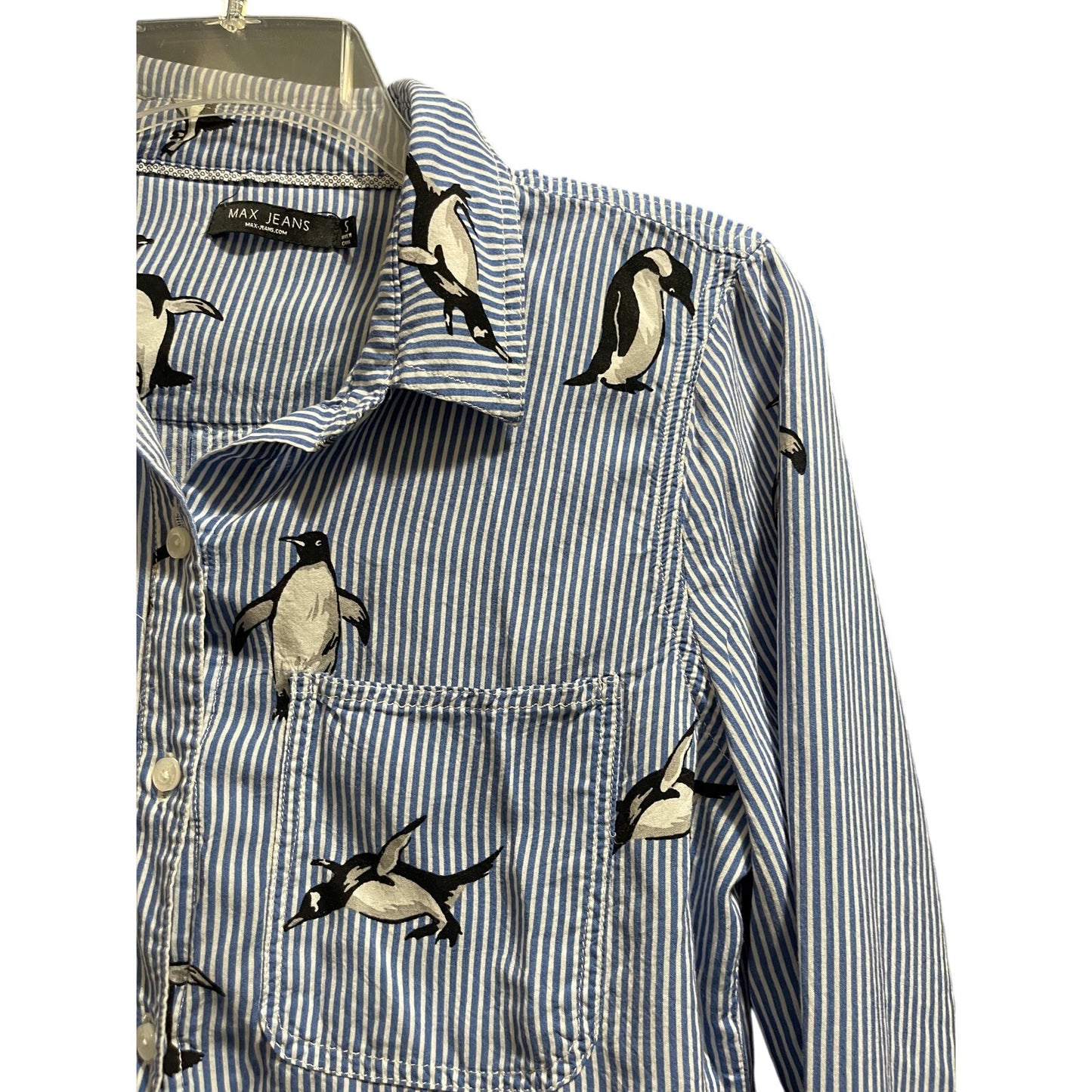 Max Jeans Size Small Blue Pinstripe Penguin Print Long Sleeve Blouse