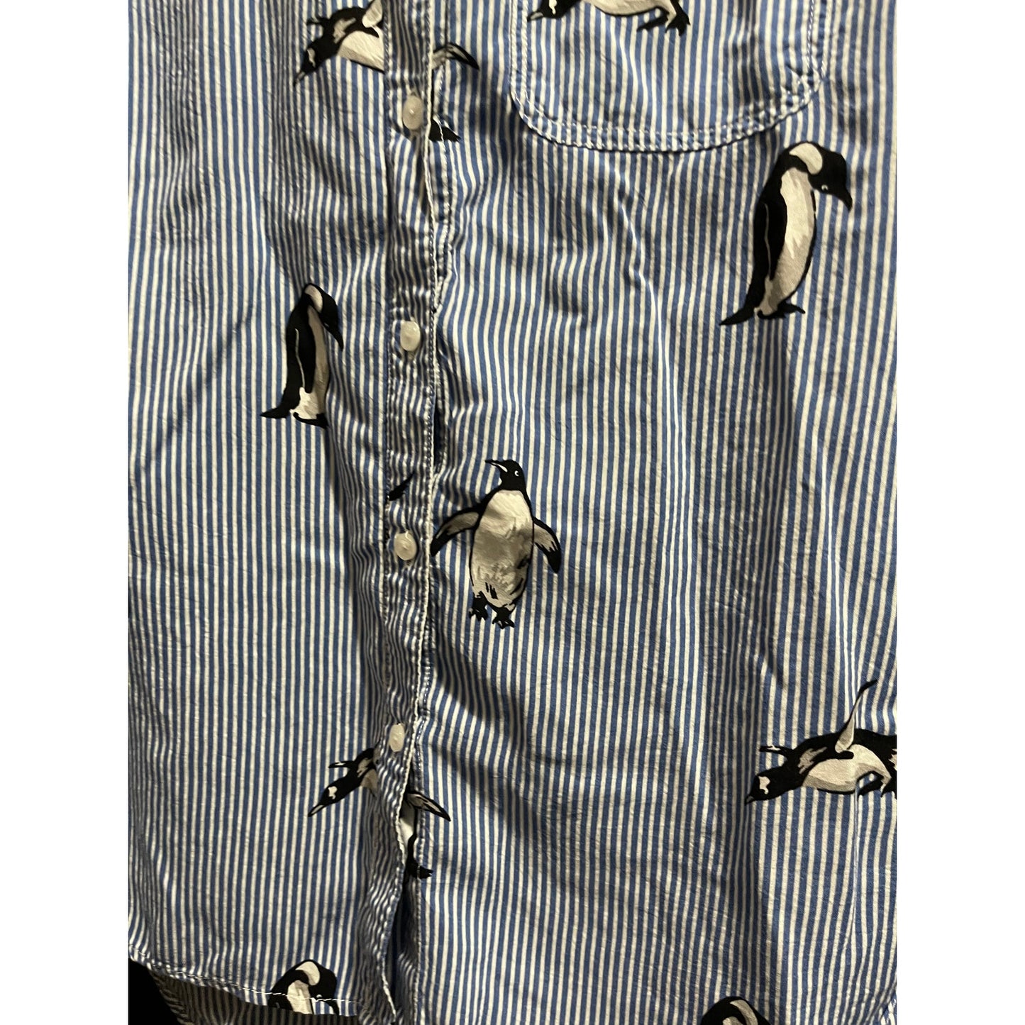 Max Jeans Size Small Blue Pinstripe Penguin Print Long Sleeve Blouse