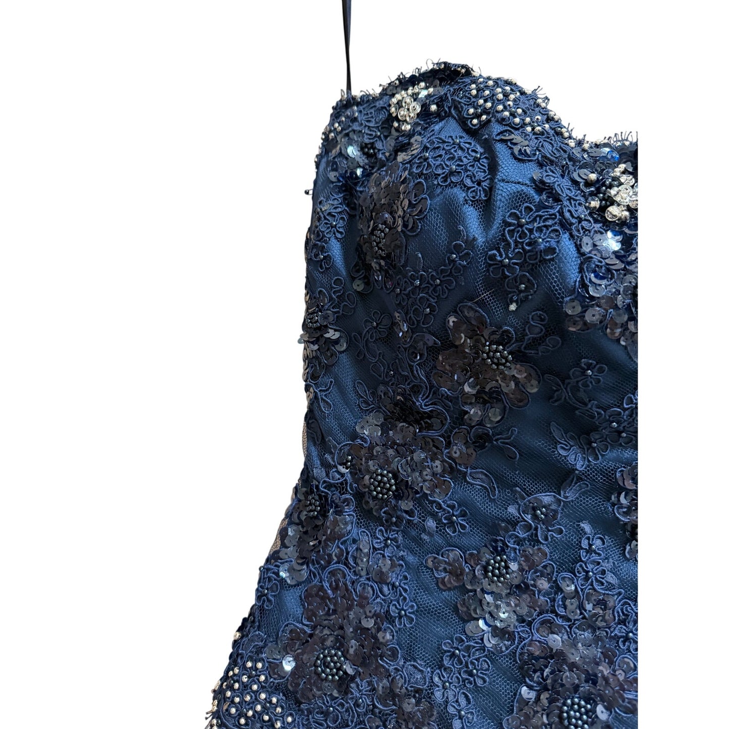 Midnight Blue Strapless Gown - Beaded, Lace Sequined Bodice - Prom - Party Gown