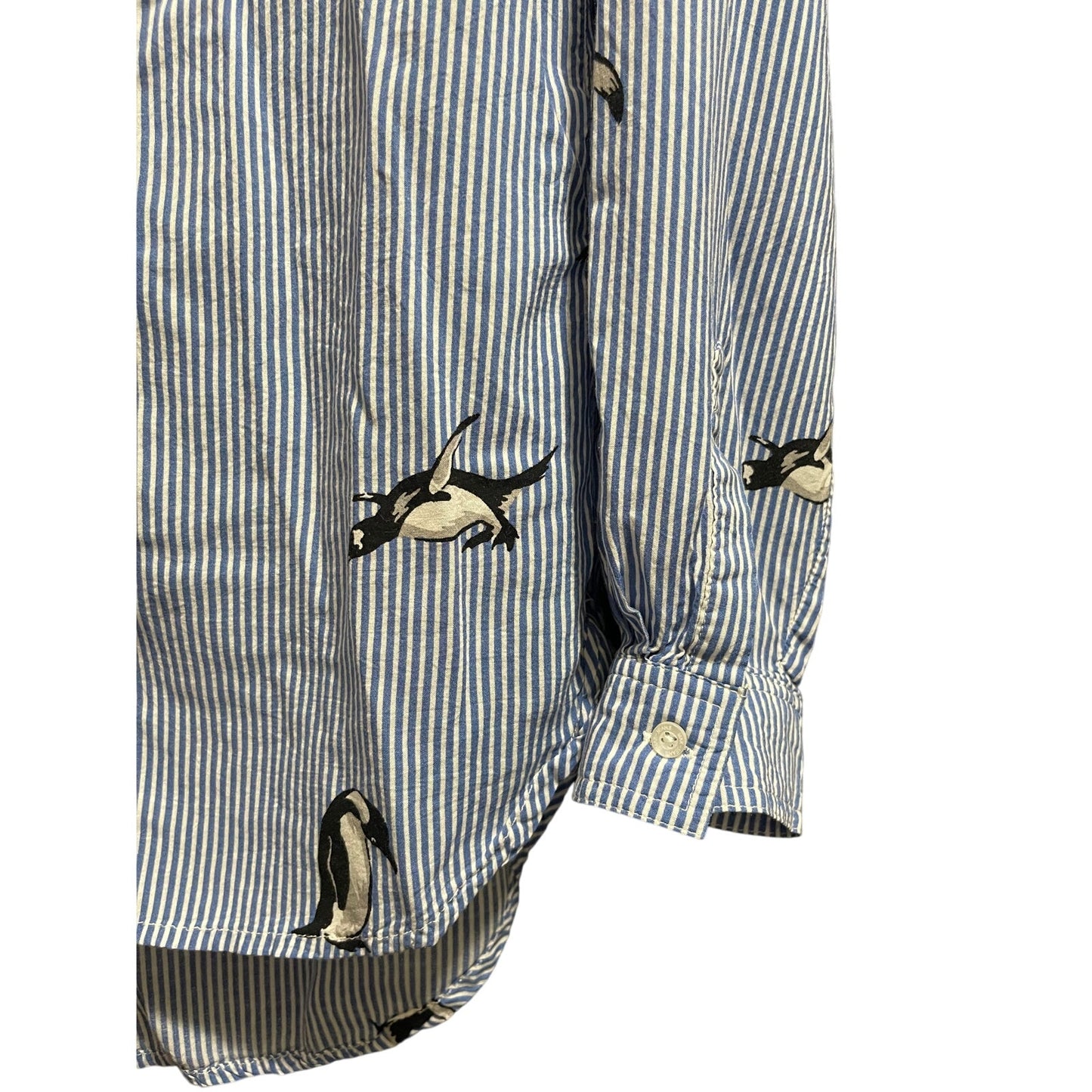 Max Jeans Size Small Blue Pinstripe Penguin Print Long Sleeve Blouse