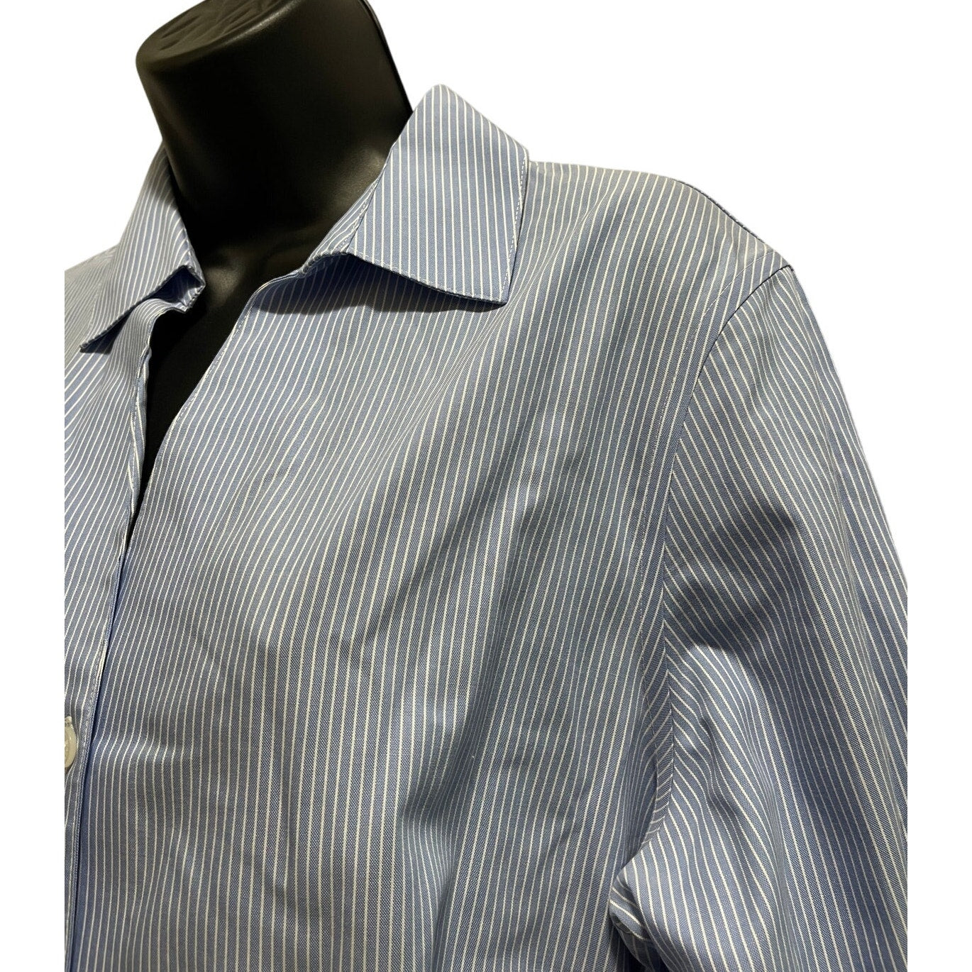 Ann Klein Blue & White Pinstripe Collared Button Up Long Sleeve - Large