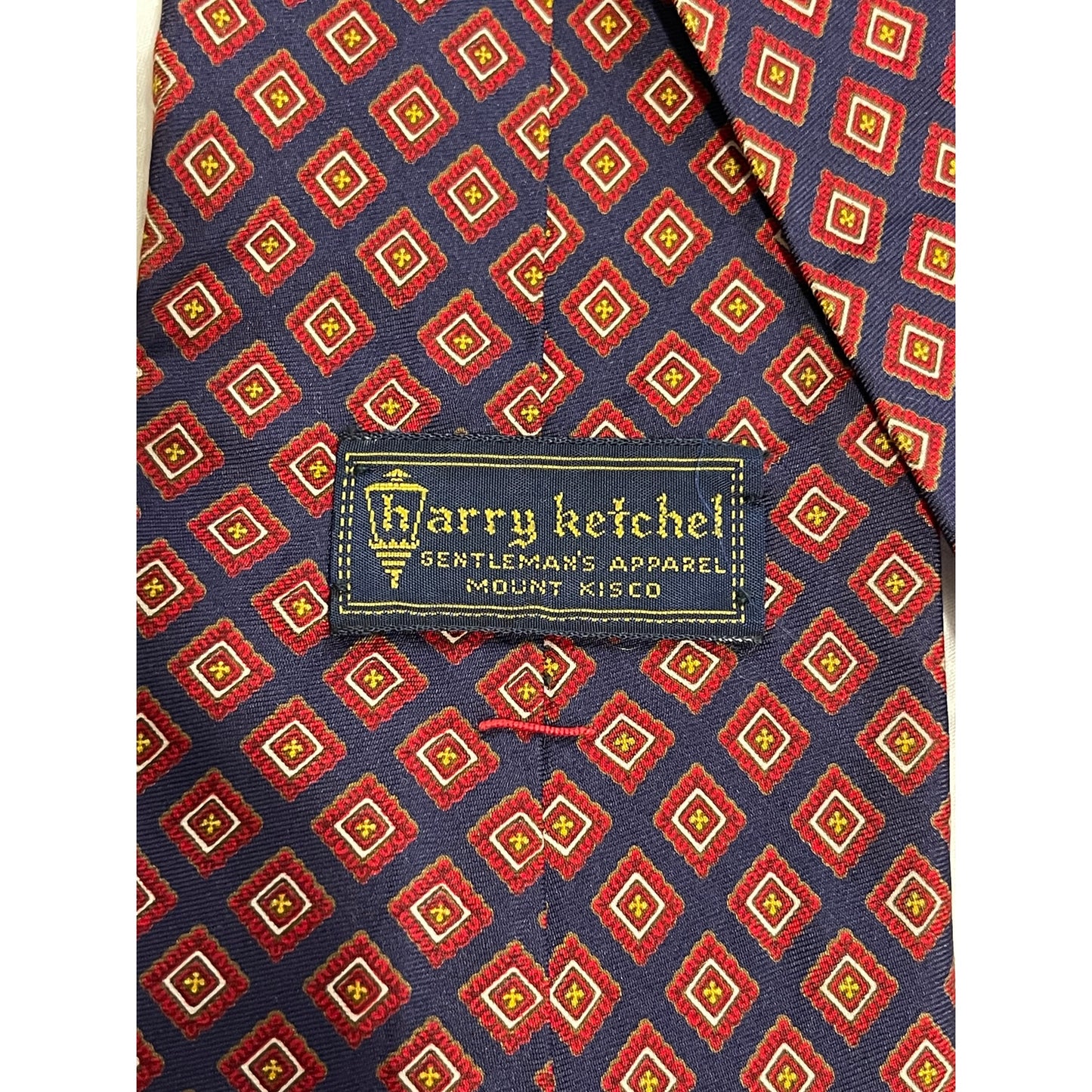 Vintage Bert Pulitzer Blue and Red Diamond Patterned Pure Silk Necktie