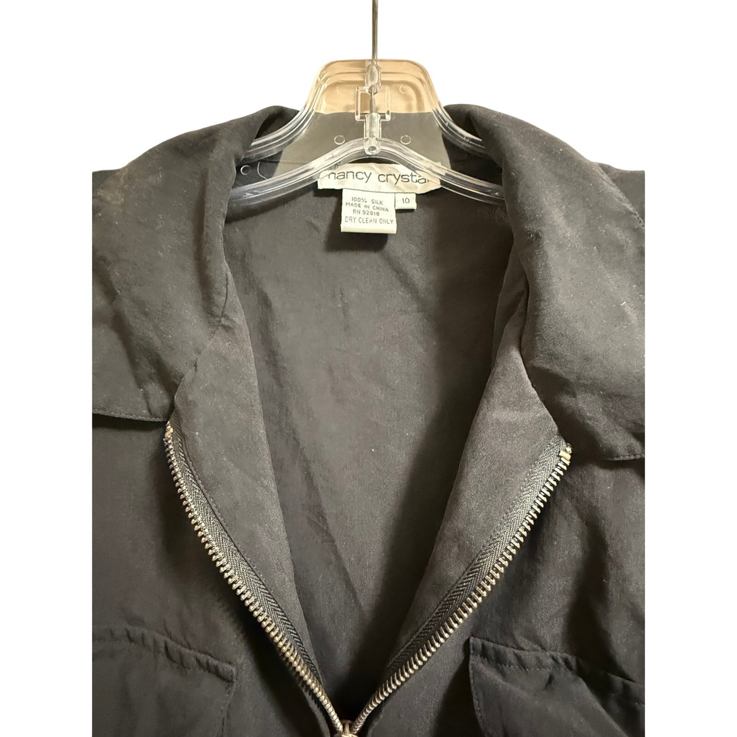 Vintage Nancy Crystal Black 100% Silk Zip Up Shirt - Short Sleeve - Size 10