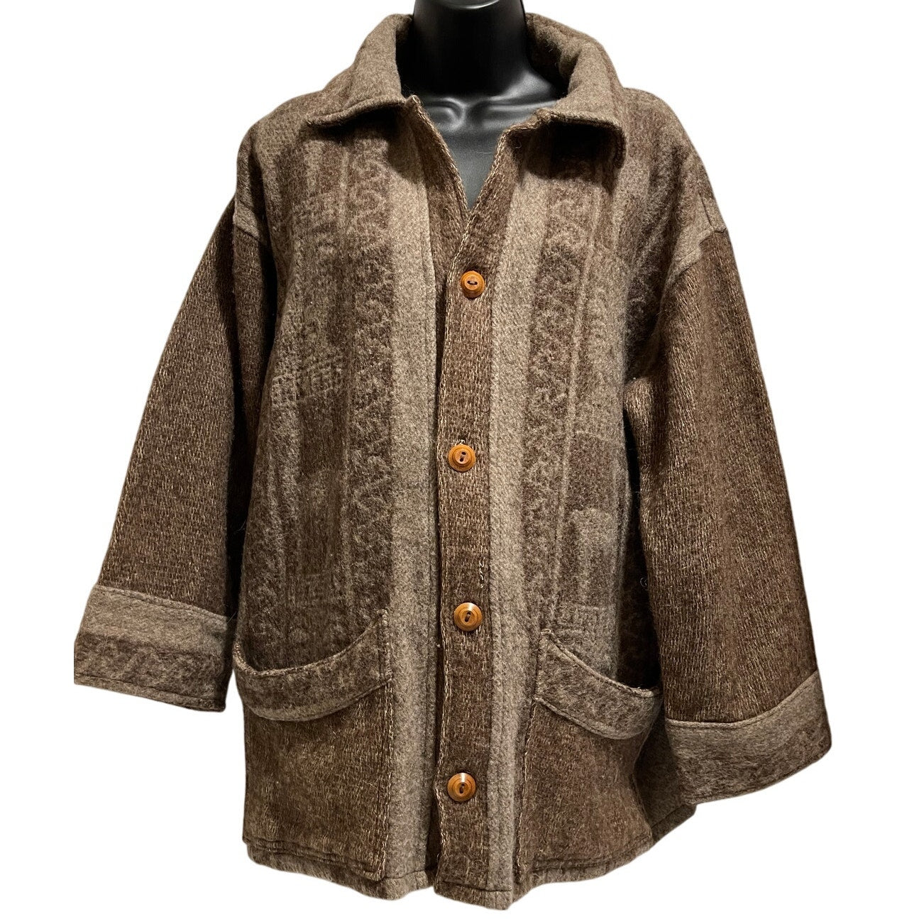 Vintage Heavy Knit Wood Button Long Sleeve Coat - Handmade - Alpaca Print