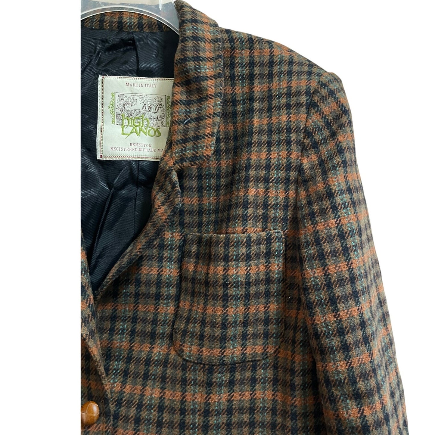 Vintage Italian Made Highlands Benetton Wool Blend Plaid Jacket Size 40