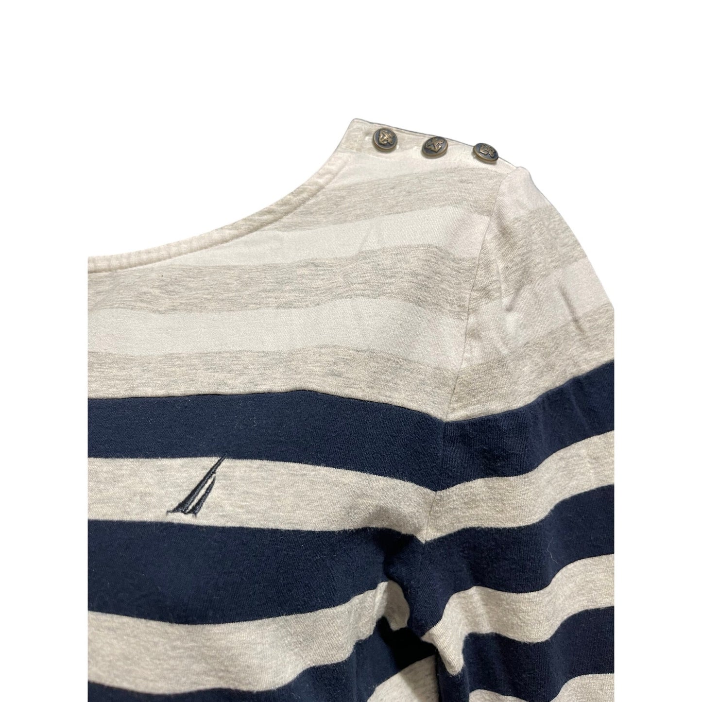 Nautica Large Gray White Navy Striped Long Sleeve w/ Button Accents on Shoulder