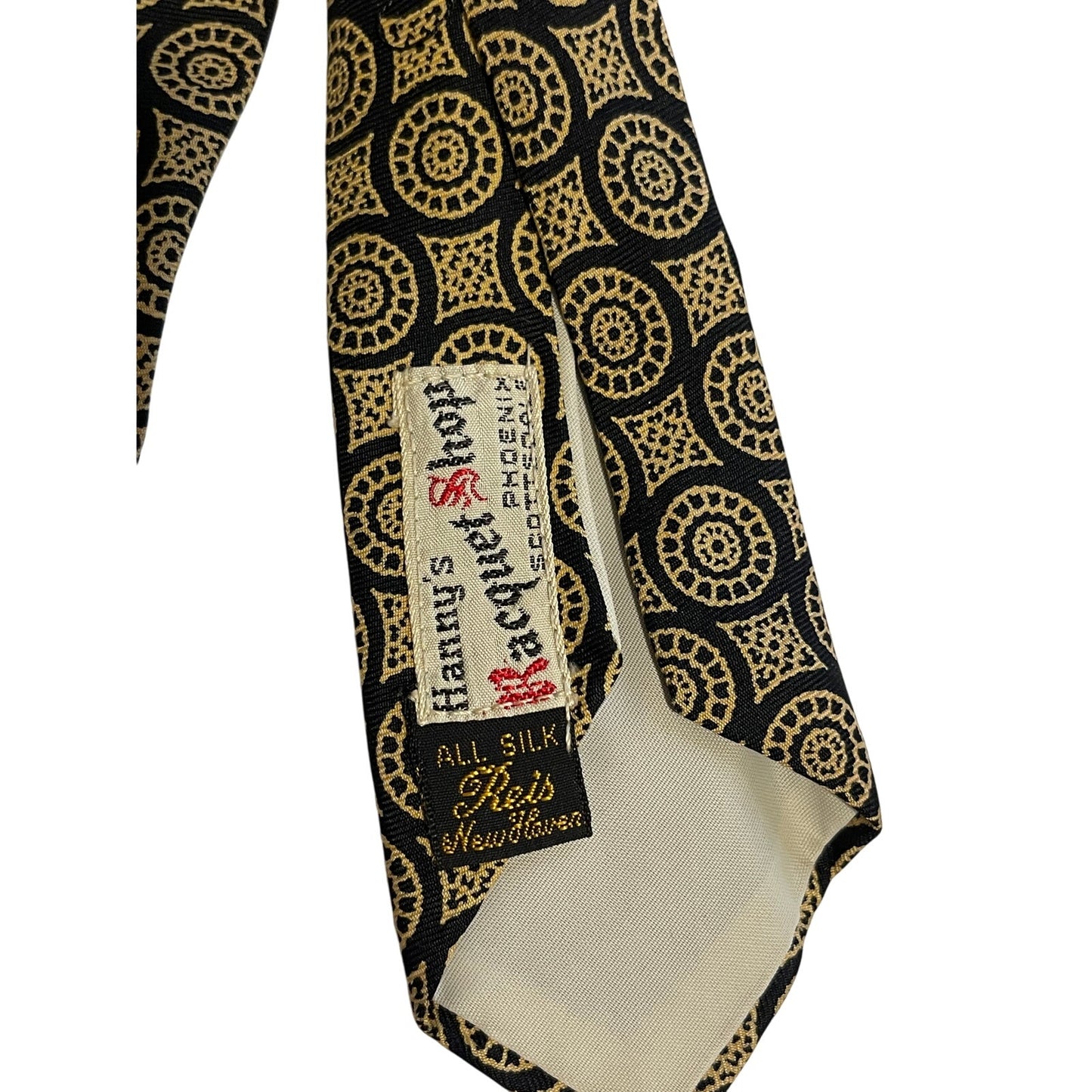 Vintage Reis of New Haven All Silk Gold & Black Print Necktie