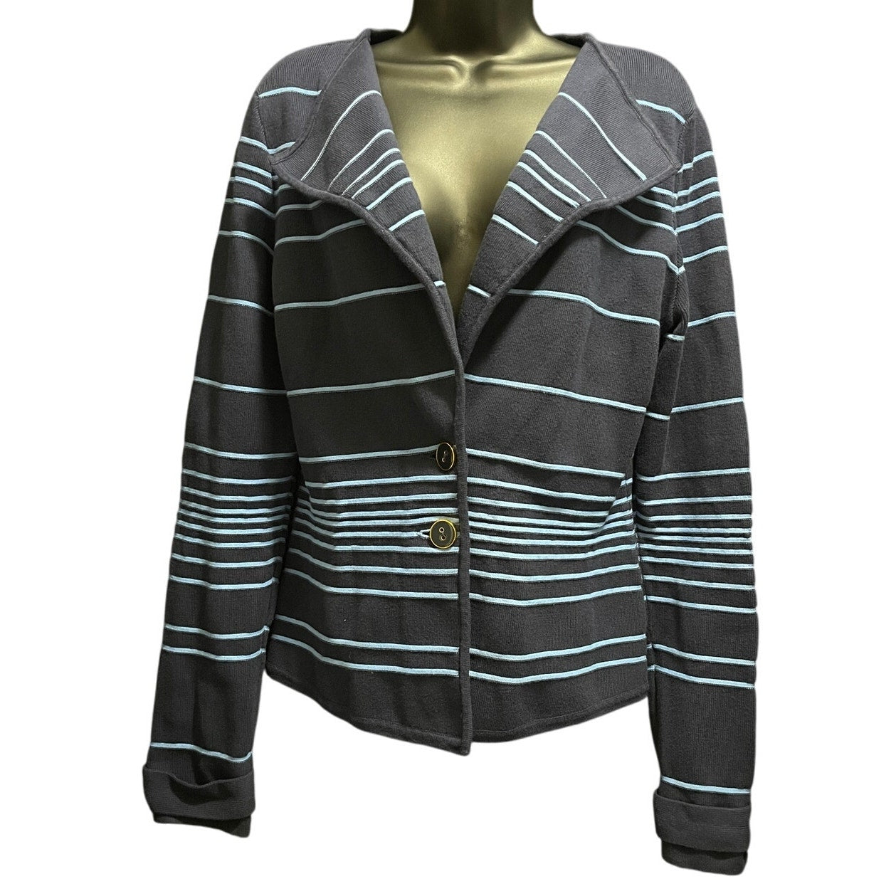 Cache Size Large Blue Striped Knit Light Weight Blazer - Cotton Blend