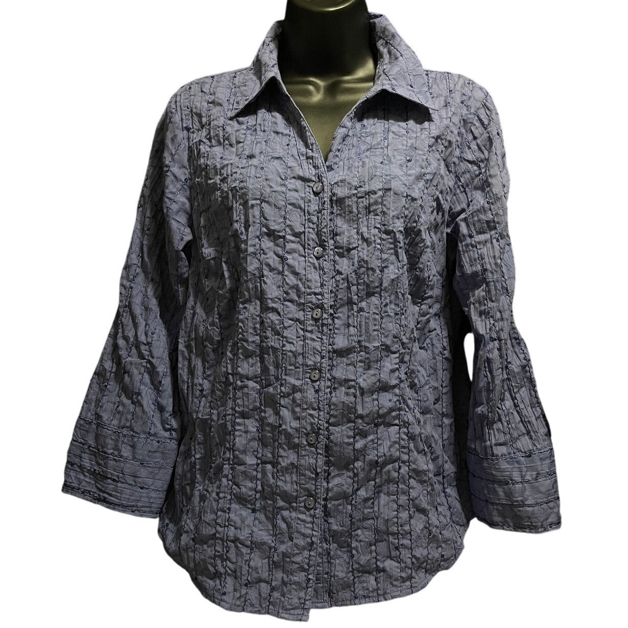 JM Collection Blue / Purple Embroidered Stripe Collared Button Up Blouse Size 8