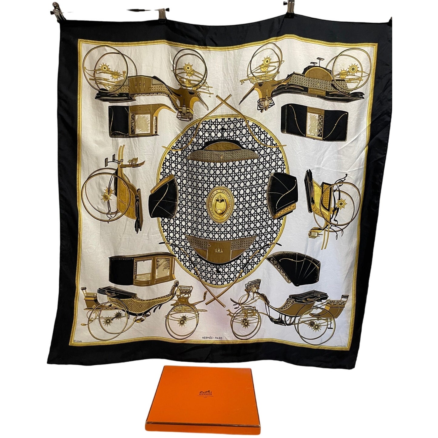 Vintage Hermes Les Voitures a Transformation Silk Scarf with the Original Box