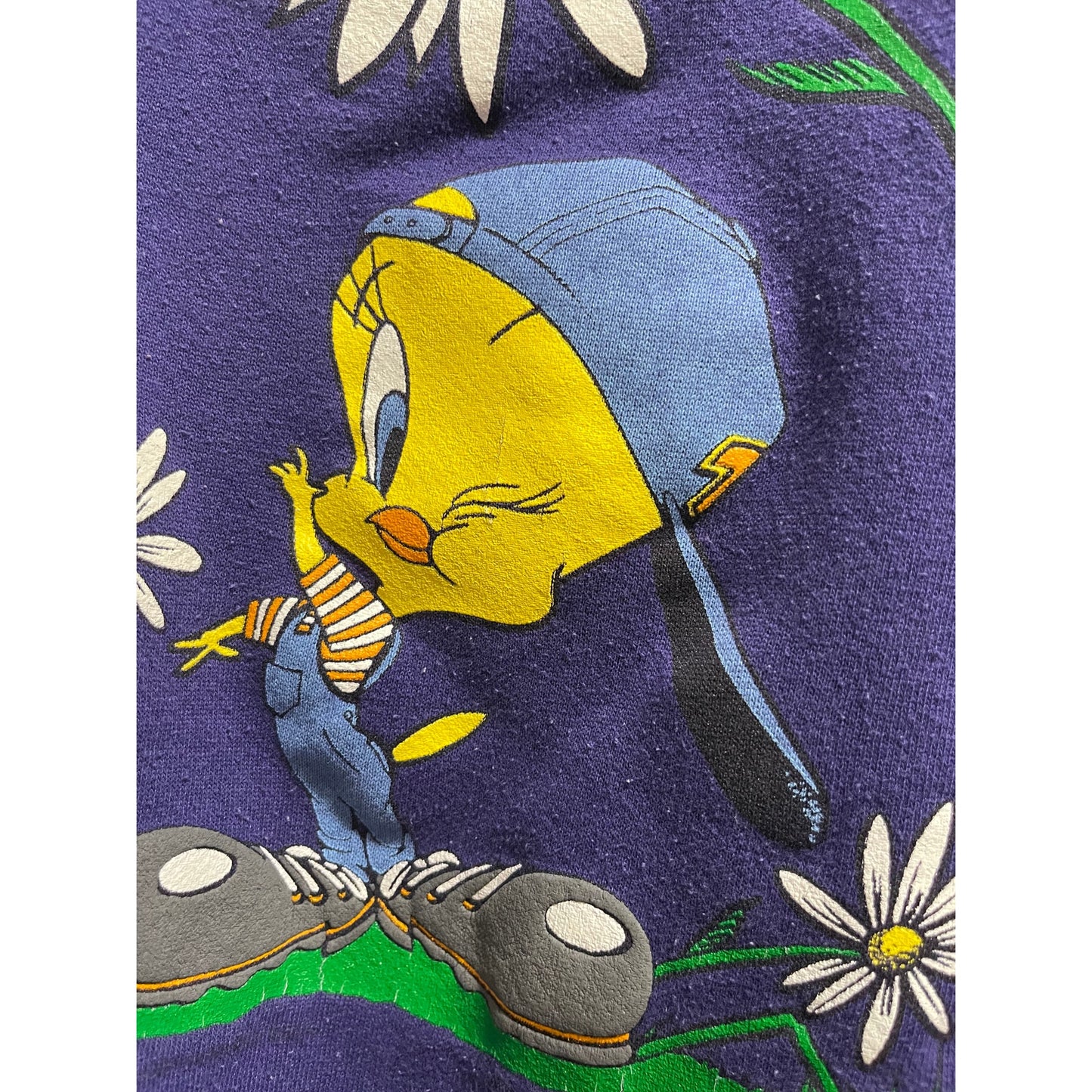 Vintage 90's Looney Tunes Tweety Bird Purple w/Flowers Sweatshirt - Large