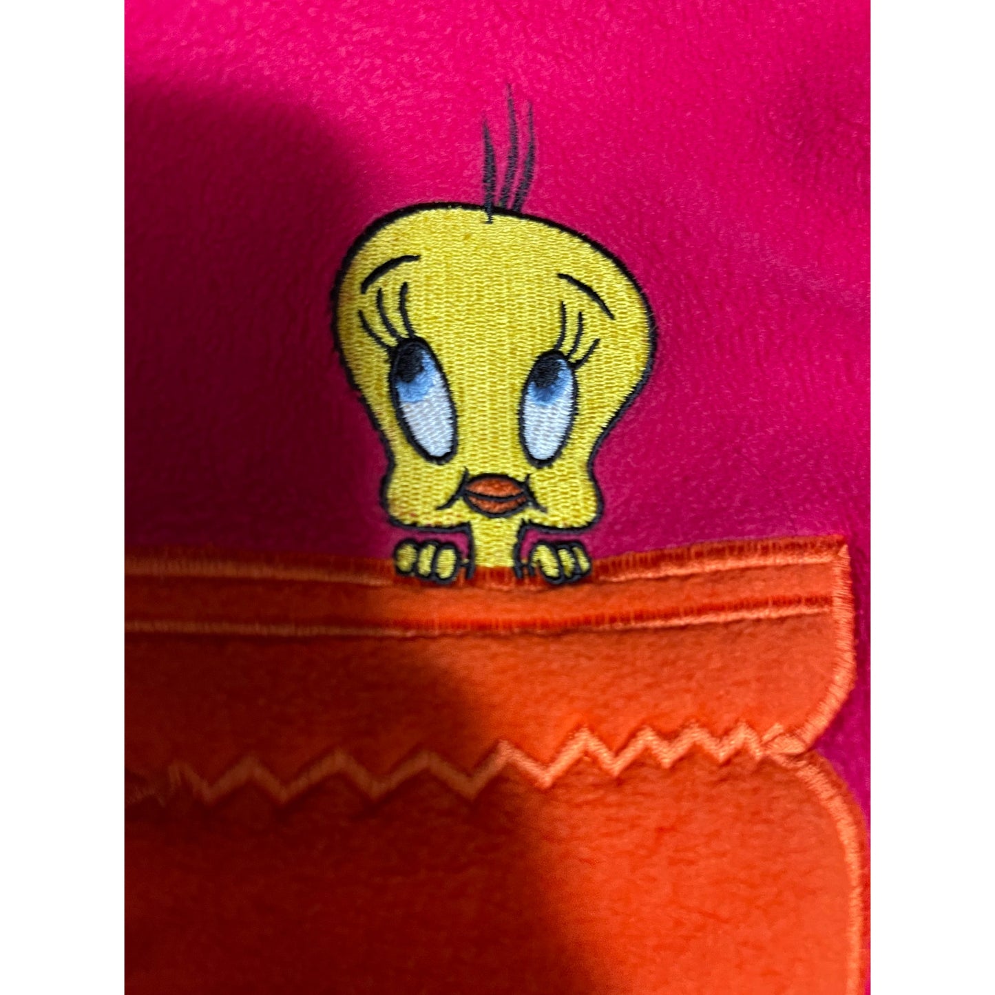 Vintage Y2K Looney Tunes Sylvester & Tweety Bird Pink Embroidered Fleece Scarf