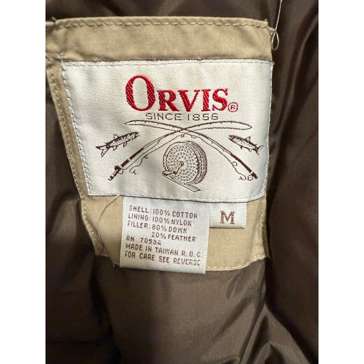 Vintage Orvis Goose Down Puffer Vest Medium Beige Tan Full Zip