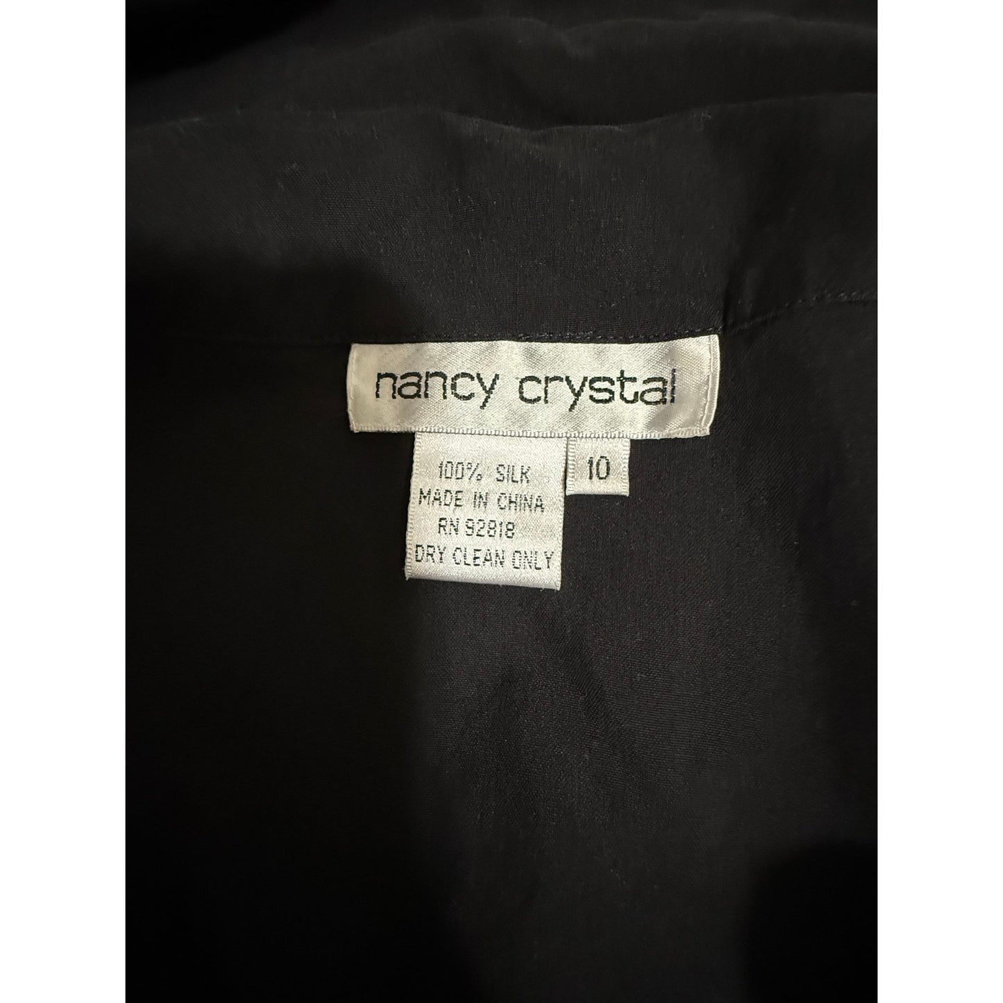 Vintage Nancy Crystal Black 100% Silk Zip Up Shirt - Short Sleeve - Size 10