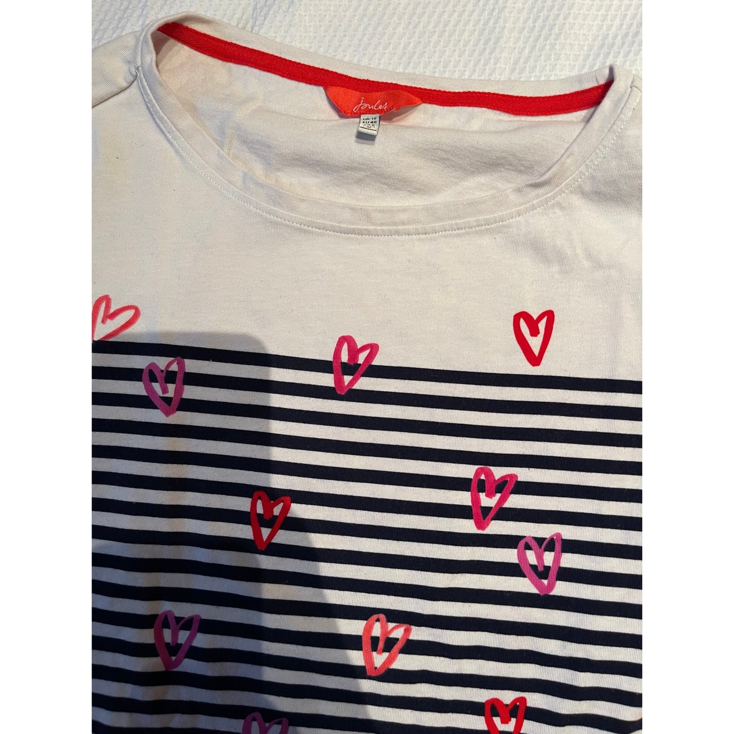 Joules Women's Size 8 Long Sleeve Black & White Striped Shirt w/ Red Hearts
