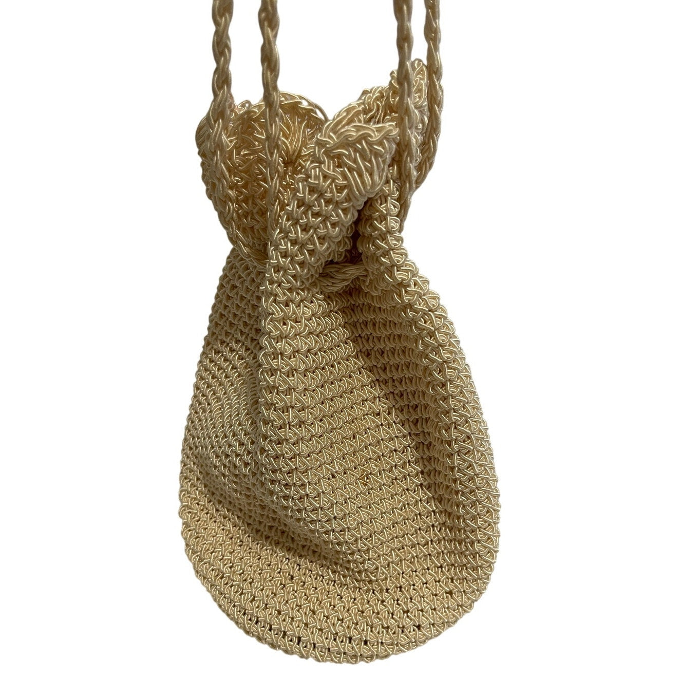 Vintage Woven White Drawstring Bucket Bag - Small