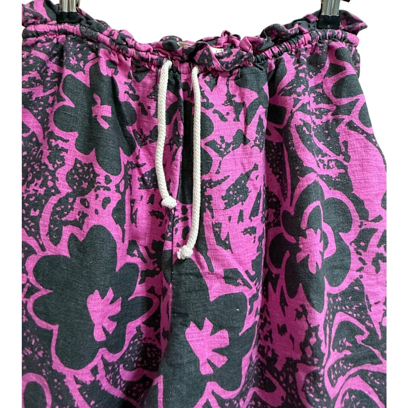 Back Beat Co. Size Medium Pink & Black Print Drawstring Pants - 100% Linen