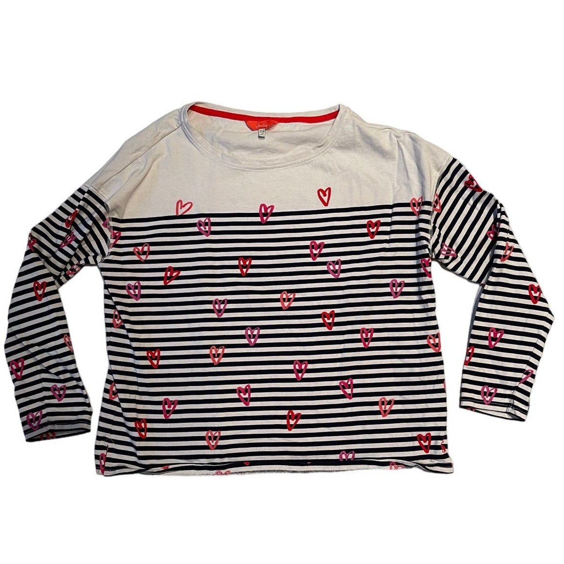 Joules Women's Size 8 Long Sleeve Black & White Striped Shirt w/ Red Hearts
