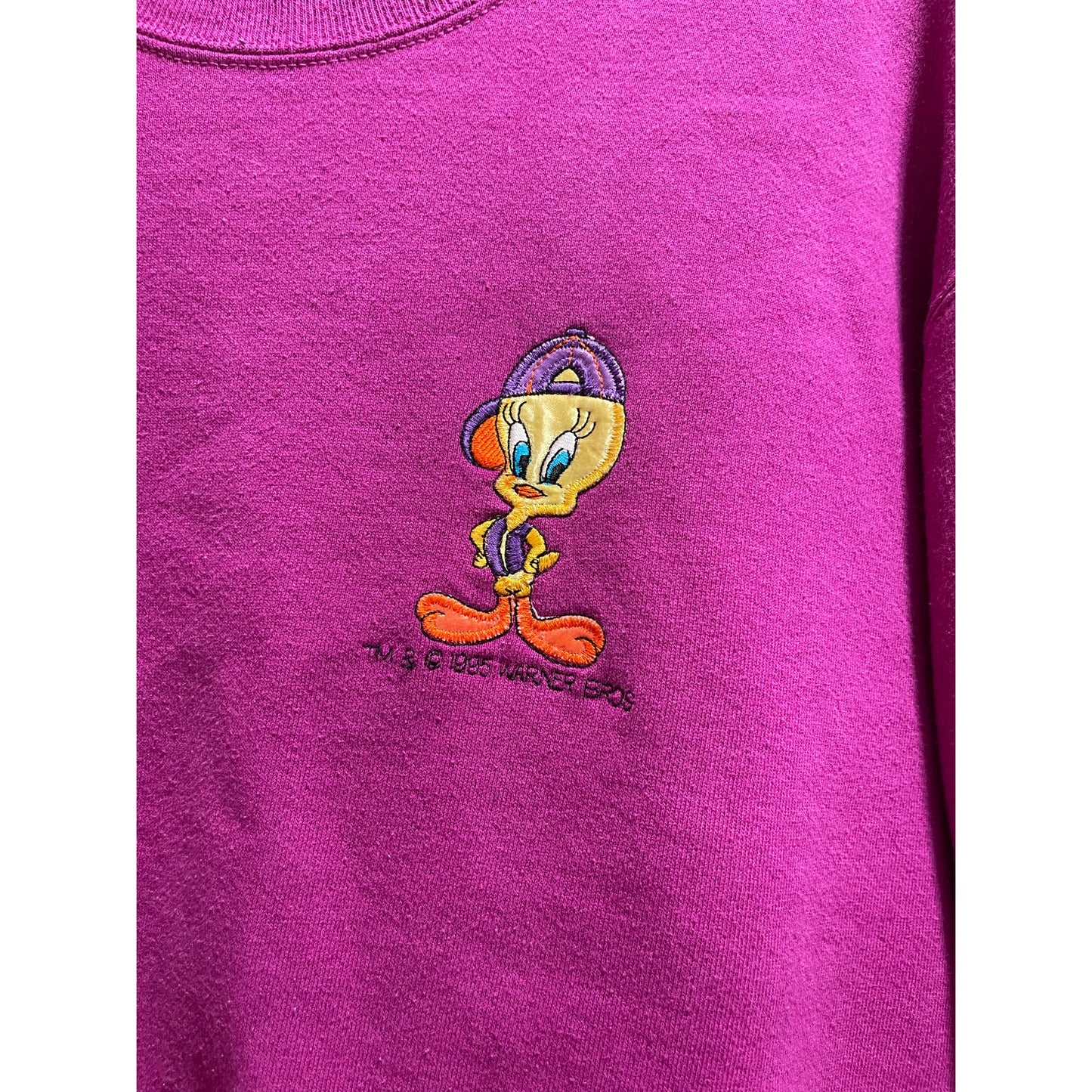 Vintage 90's Looney Tunes Tweety Bird Embroidered Pink Purple Sweatshirt - Large