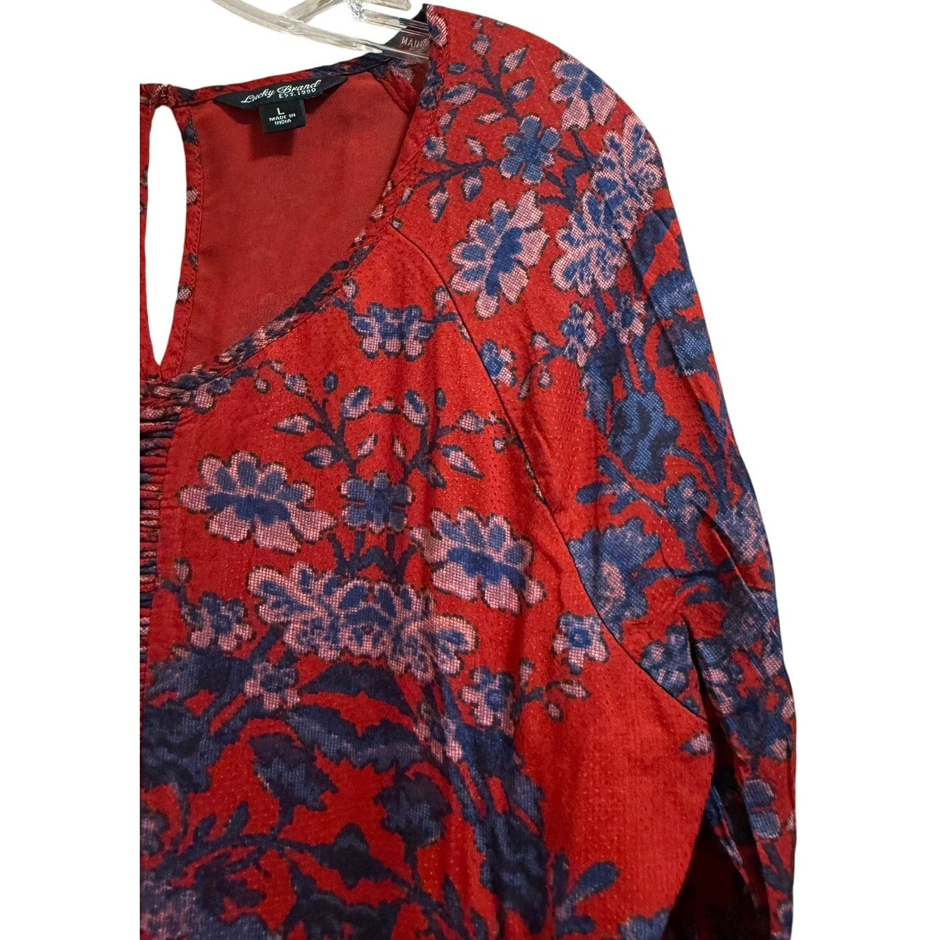 Lucky Brand Red and Blue Floral Print Long Sleeve Boho Dress - Size Large