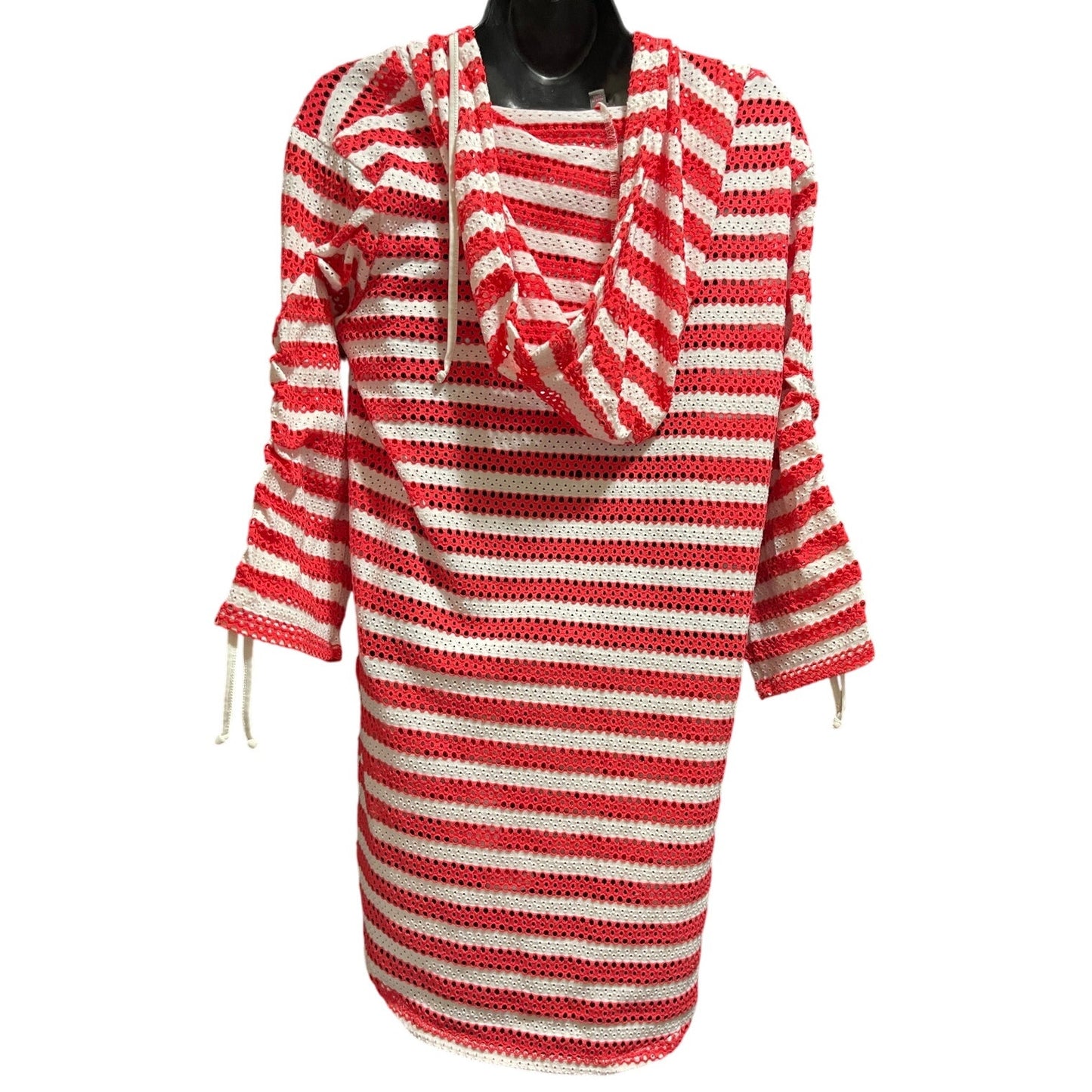 Forcynthia Beachwear Size Small Red & White Striped Open Knit Hooded Sweater