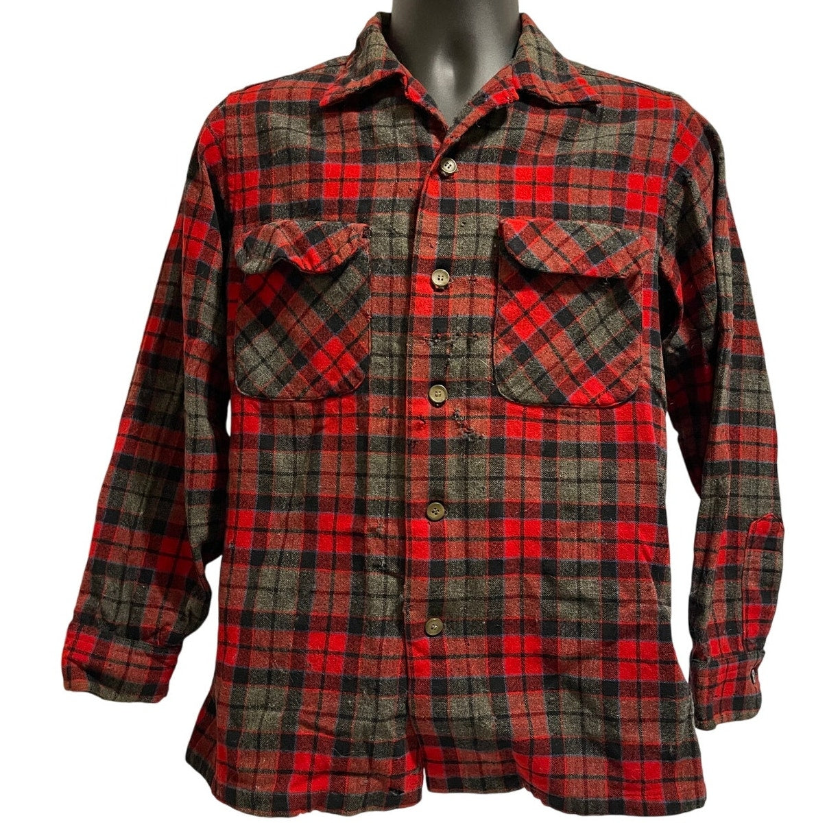 Vintage 1960's Pendleton 100% Wool Red Plaid Shirt - Men's Medium - Distressed
