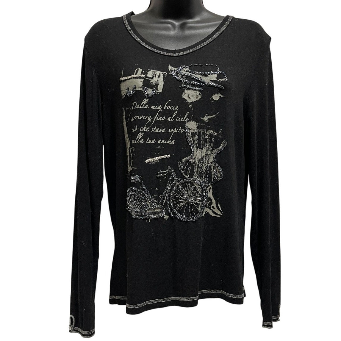 Gizel Black Graphic Print Beaded Accents Y2K Medium Long Sleeve T-Shirt