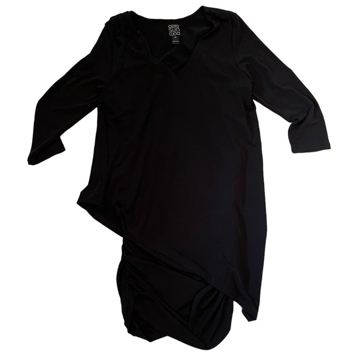 Clara Sun Woo Black Runched Layered Cocktail Evening Dress Size XS Long Sleeved