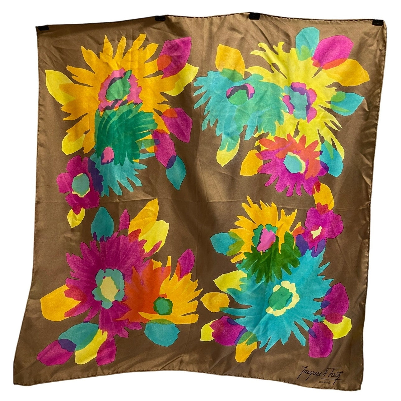 Vintage Jacques Fath Late 1960's Multicolor Silk Square Women's Designer Scarf