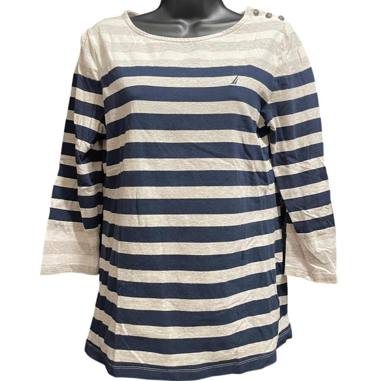 Nautica Large Gray White Navy Striped Long Sleeve w/ Button Accents on Shoulder