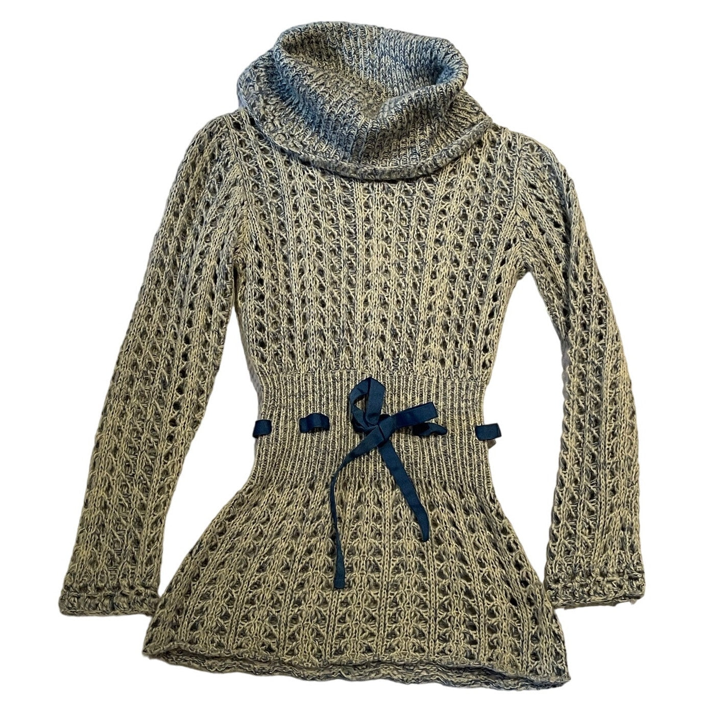 Jasmine KC - Blue & White Open Knit Sweater w/ Grosgrain Belt - Small