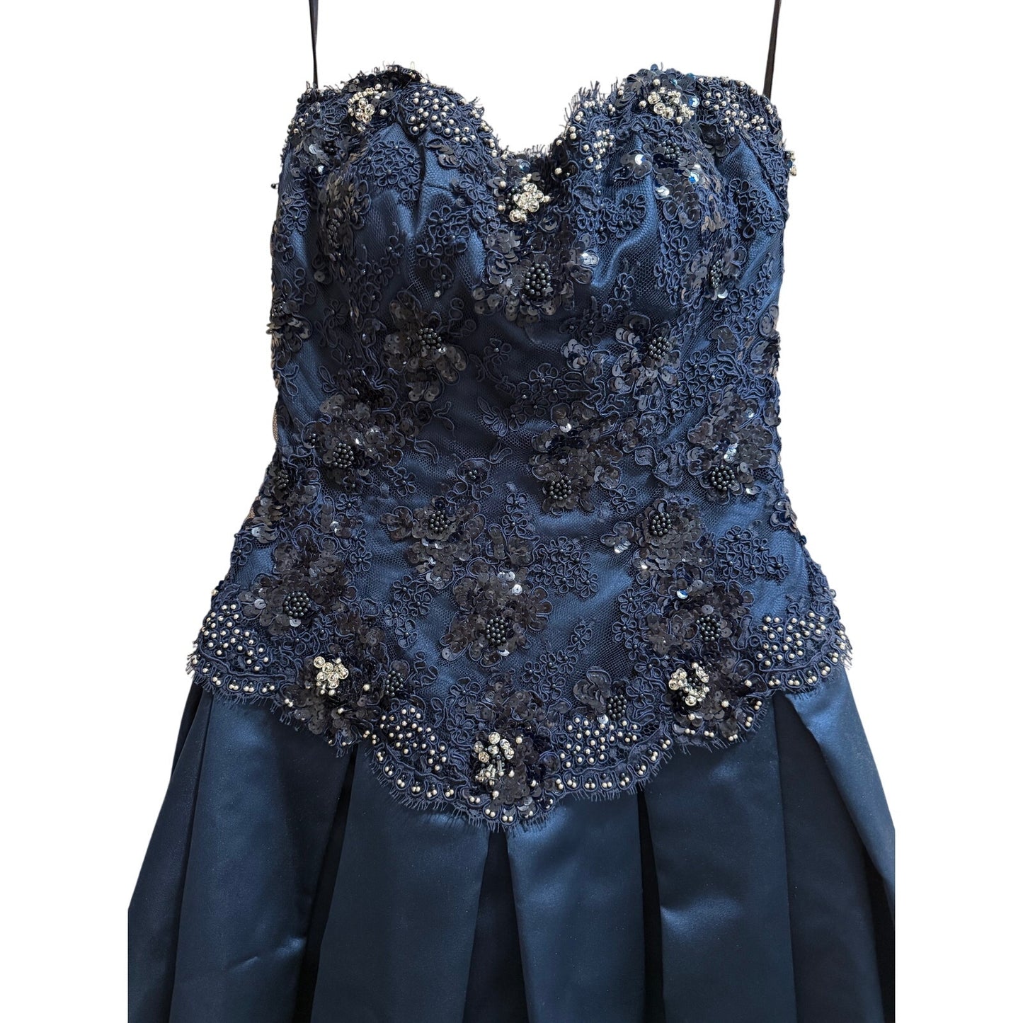 Midnight Blue Strapless Gown - Beaded, Lace Sequined Bodice - Prom - Party Gown