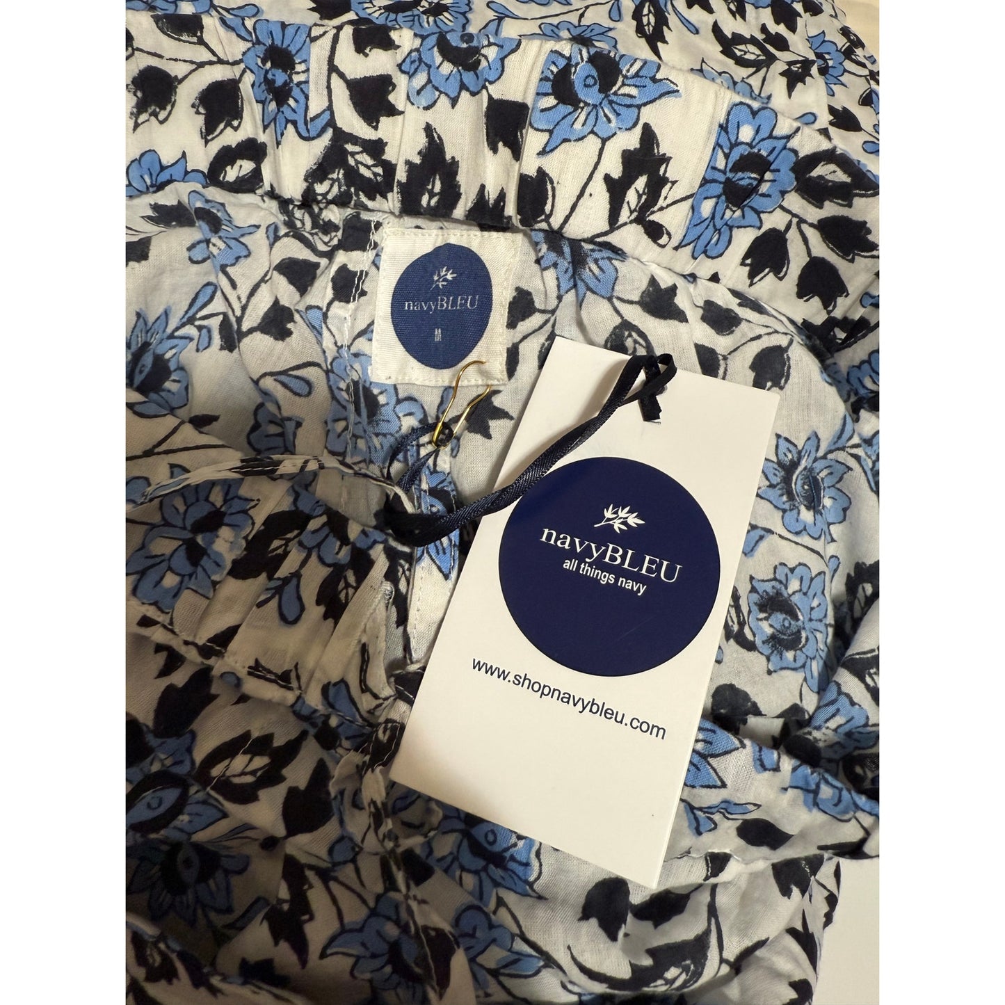 Navy Bleu Floral Print Straight Leg Drawstring Casual Pants - Size Medium - NWT
